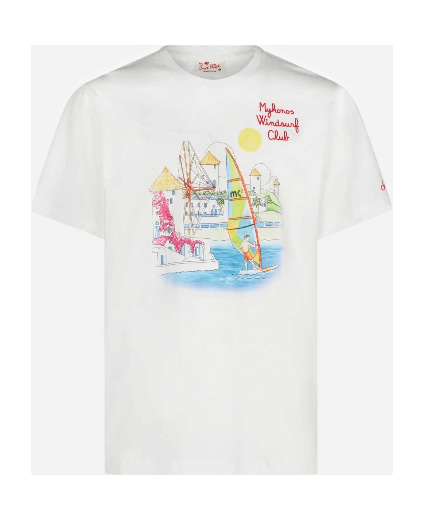MC2 Saint Barth Man Cotton T-shirt With Mykonos Print - WHITE