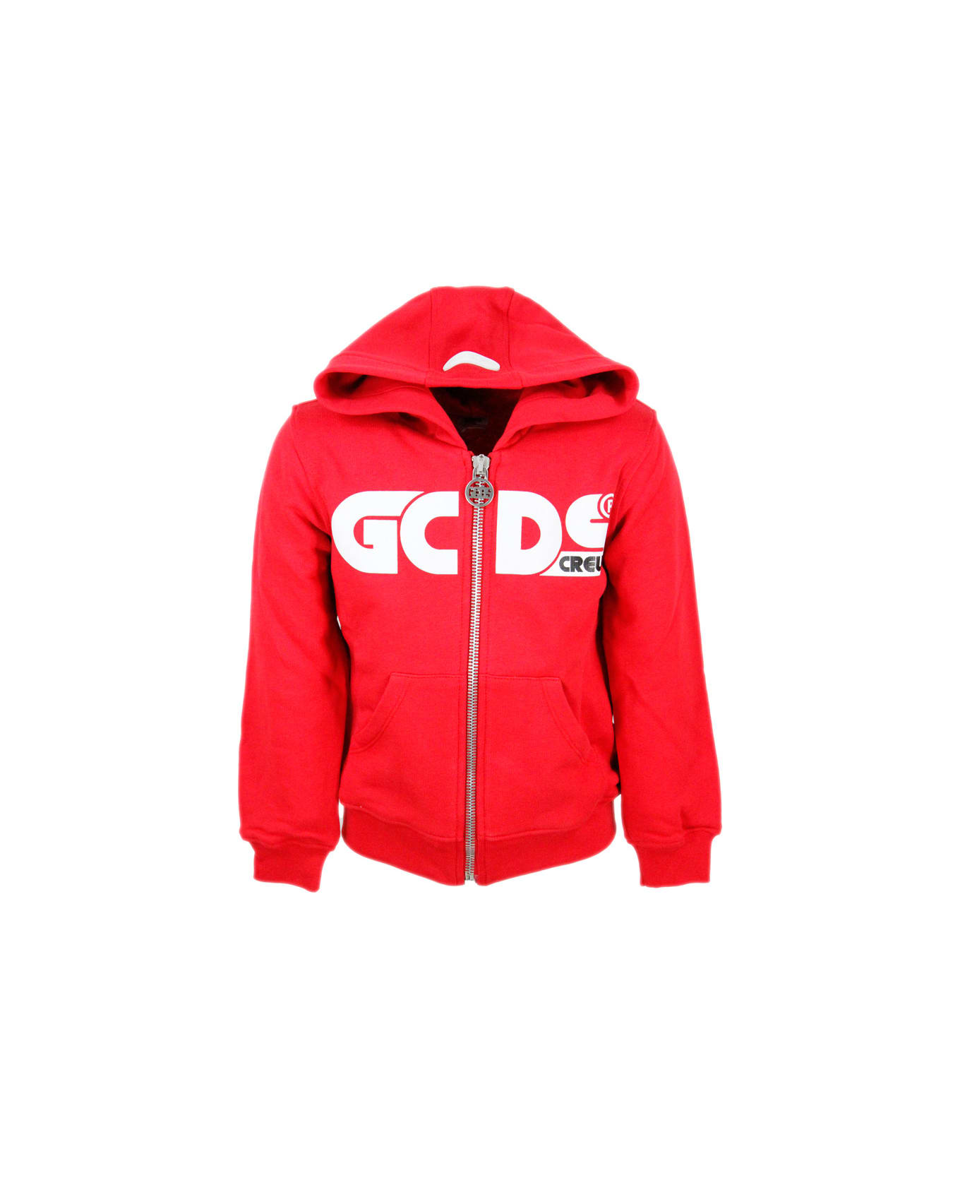 GCDS Hooded Sweatshirt With Zip And Fluo Writing - Red
