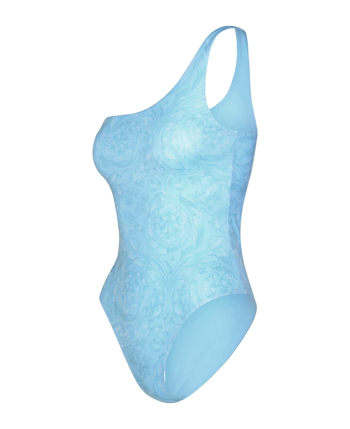 Versace Asymmetric 'barocco' One-piece Swimsuit In Light Blue Polyester Blend - PALE BLUE (Light blue)
