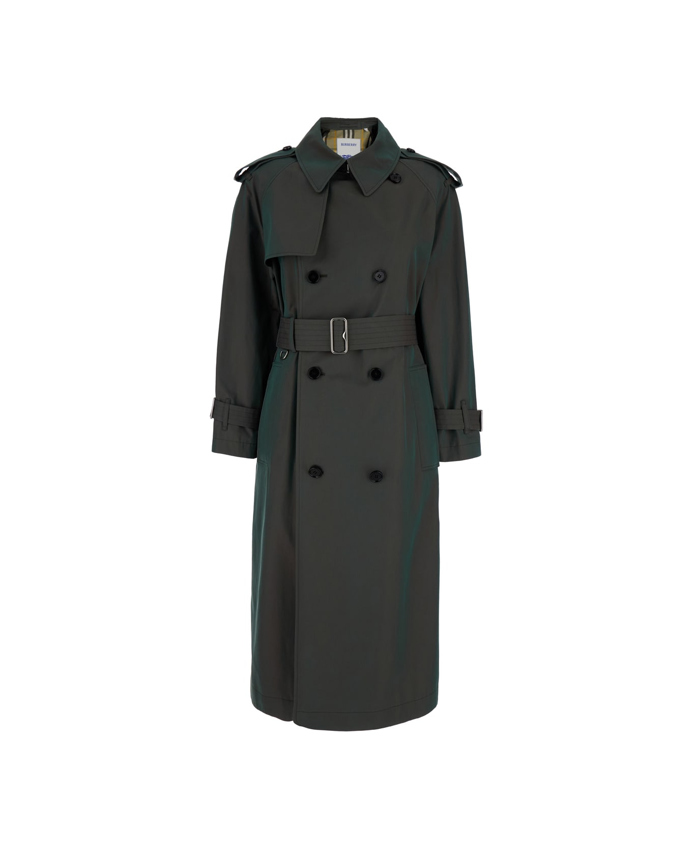 Burberry Long Green Trench Coat With Burberry Check Lining In Cotton Woman - Green