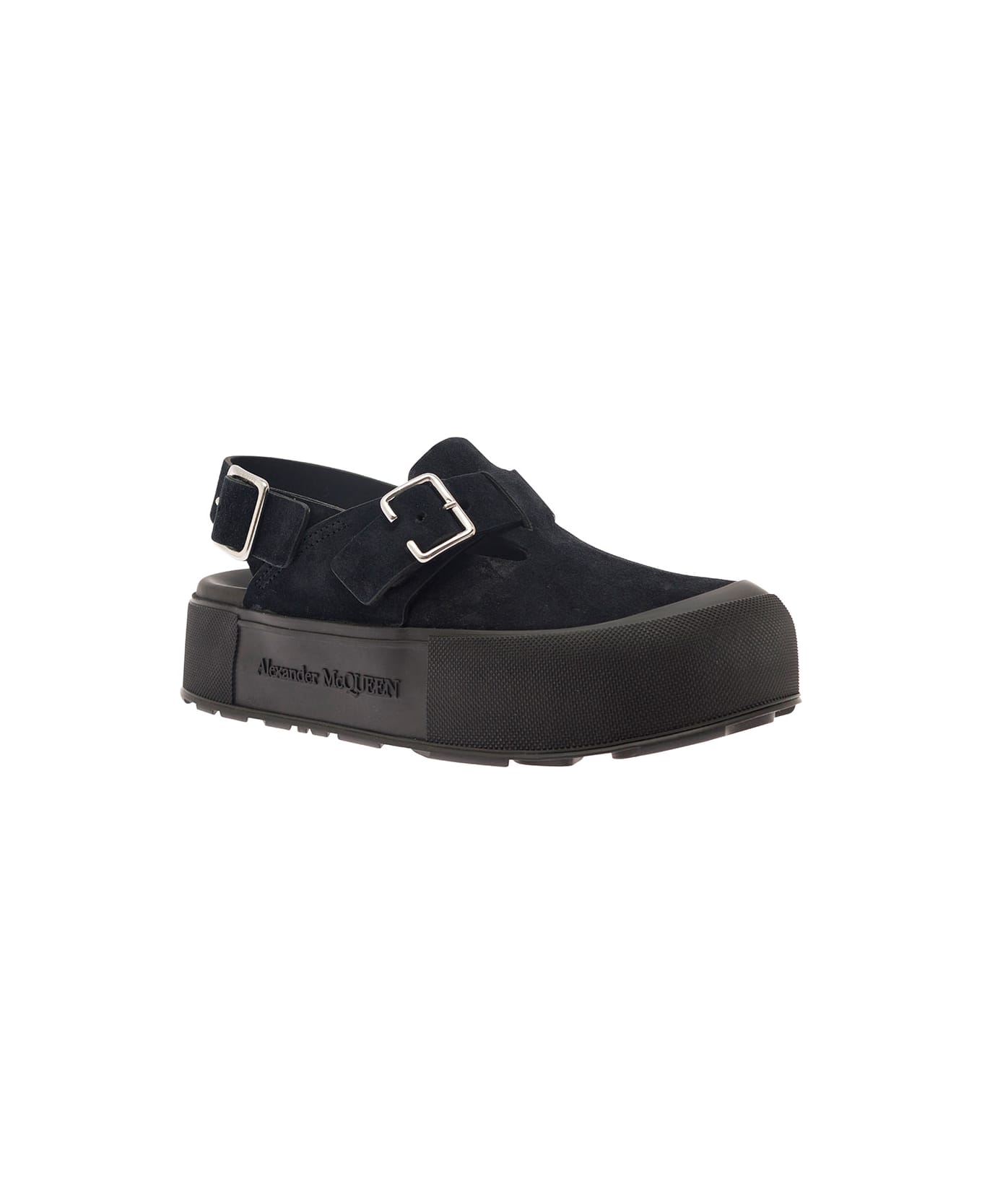 Alexander McQueen 'mount Slick' Black Close-toe Sandals With Platform And Logo Engraved In Leather Man - Black