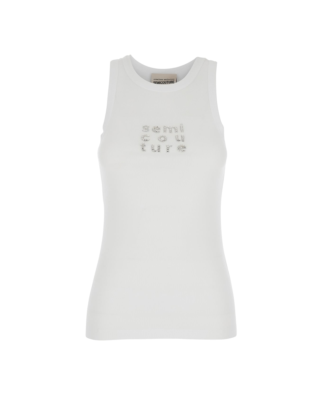 SEMICOUTURE White Ribbed Top With Logo Detail On The Front In Cotton Blend Woman - White