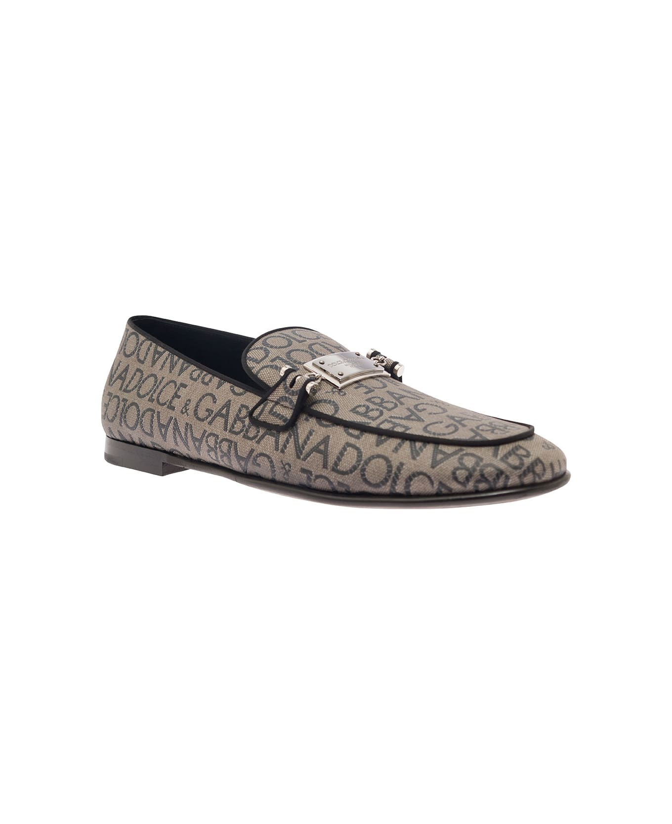 Dolce & Gabbana 'ariosto' Beige Loafers With Logo Plaque In Coated Canvas Man - Beige