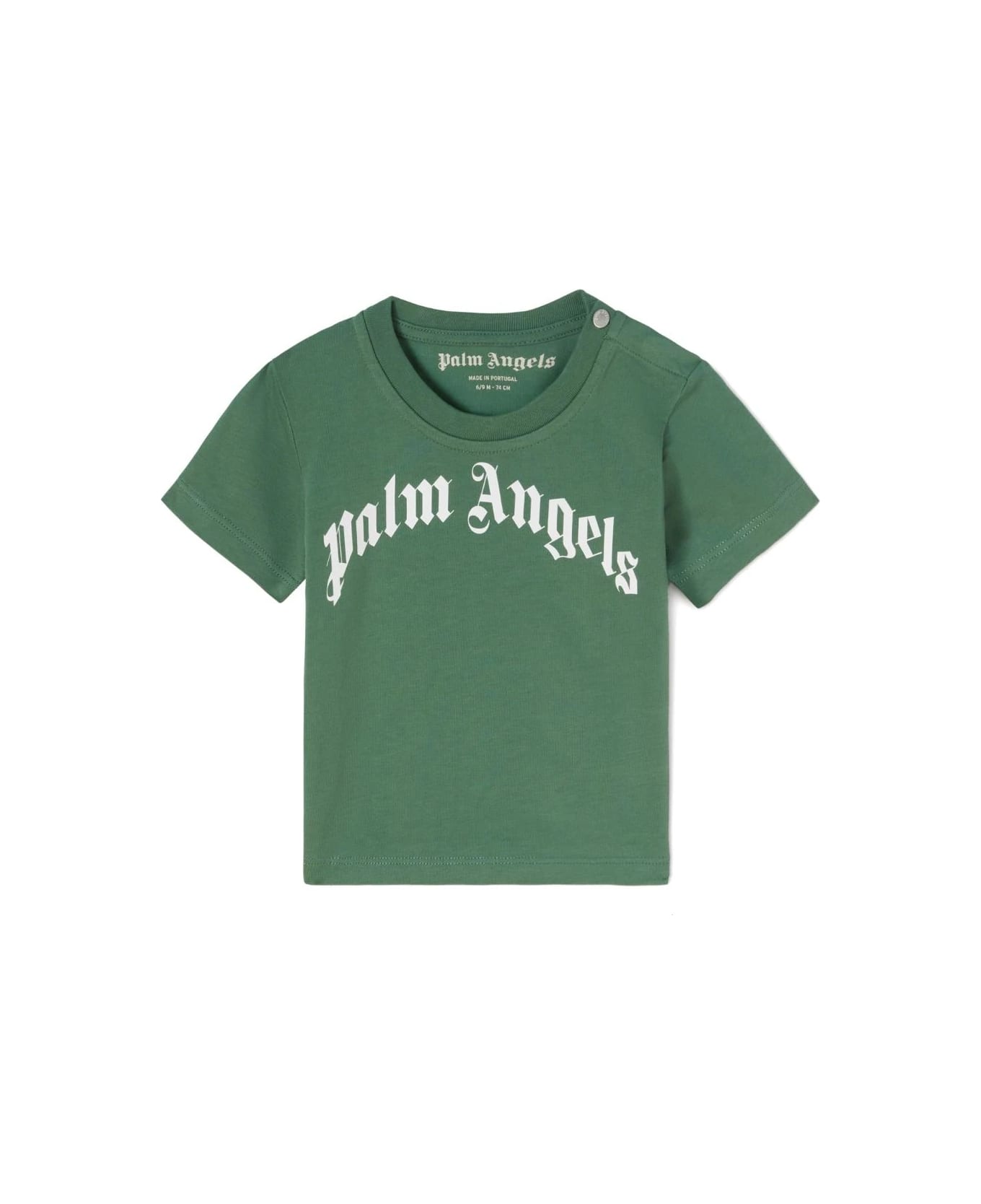 Palm Angels Green T-shirt With Curved Logo - Green