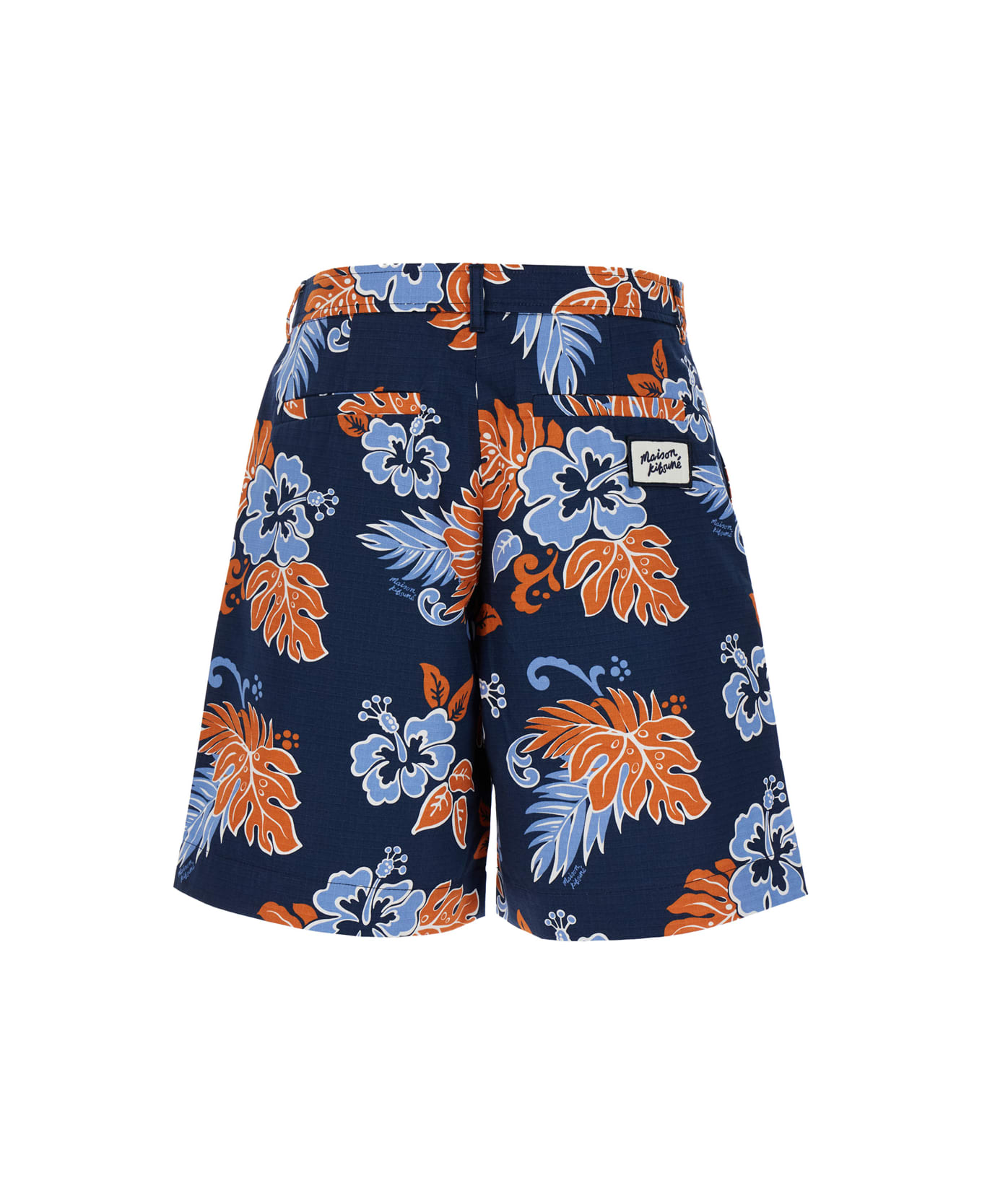 Maison Kitsuné Blue Bermuda Shorts With Floral Print In Cotton Man - Blu