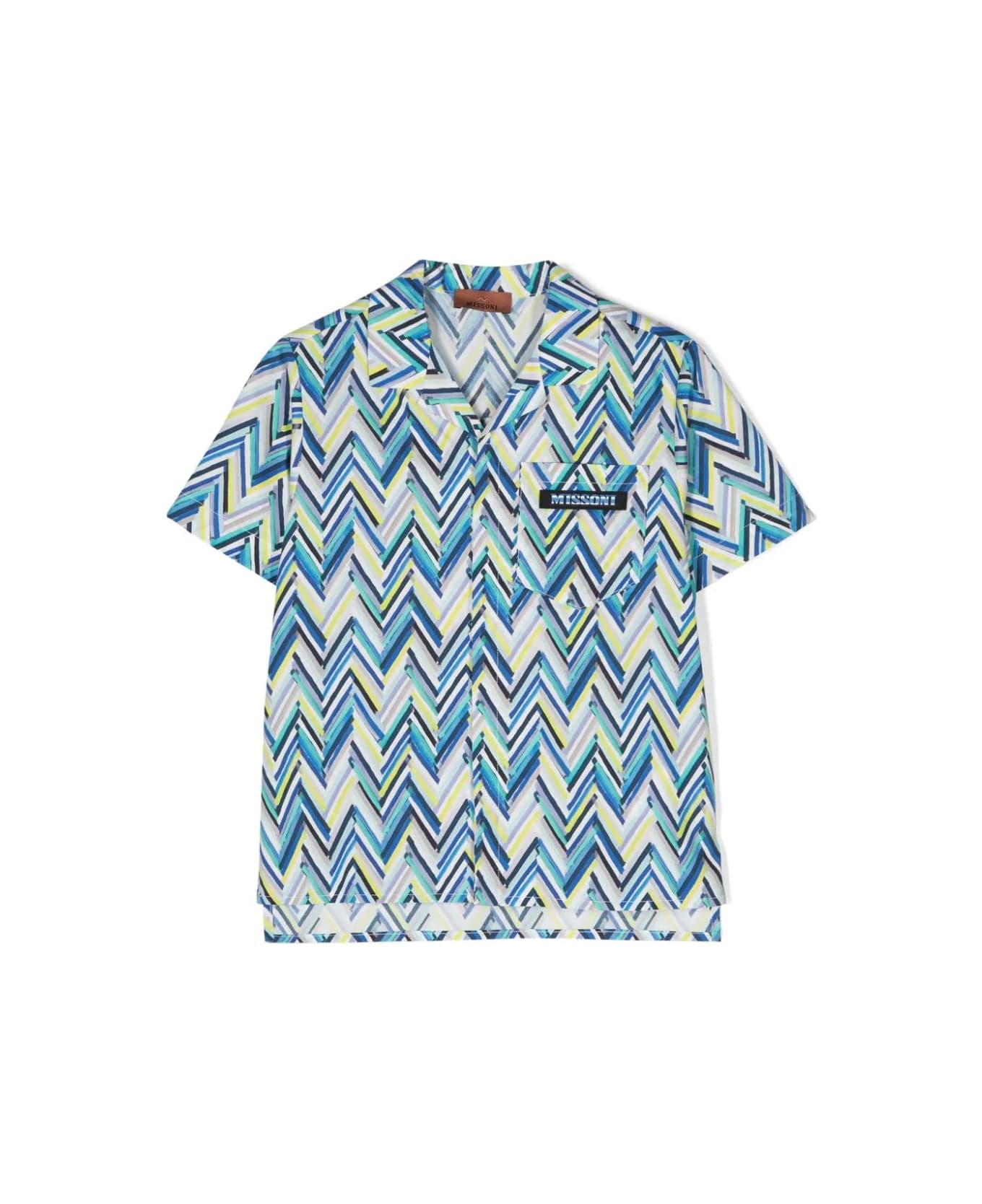 Missoni Kids Short- Sleeved Shirt With Blue Chevron Pattern - Blue
