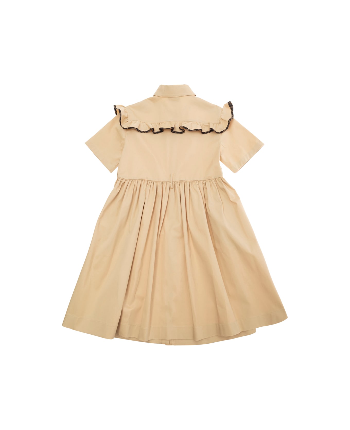 Fendi Beige Crewneck Dress With Loo Detailed Ruches On The Collar In Cotton Girl - Beige