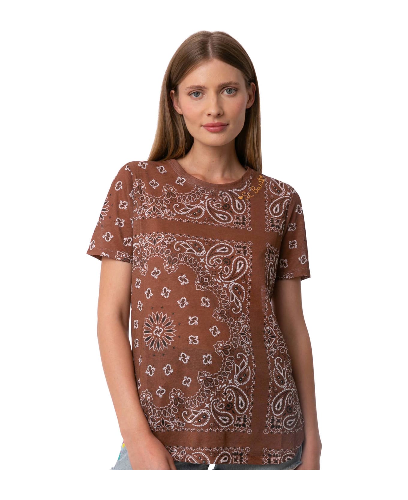 MC2 Saint Barth Woman Linen T-shirt With Bandanna Print - BROWN