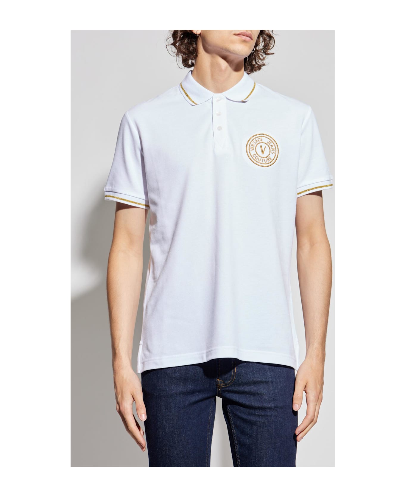 Versace Jeans Couture White Polo With Gold Embroidered Logo - White