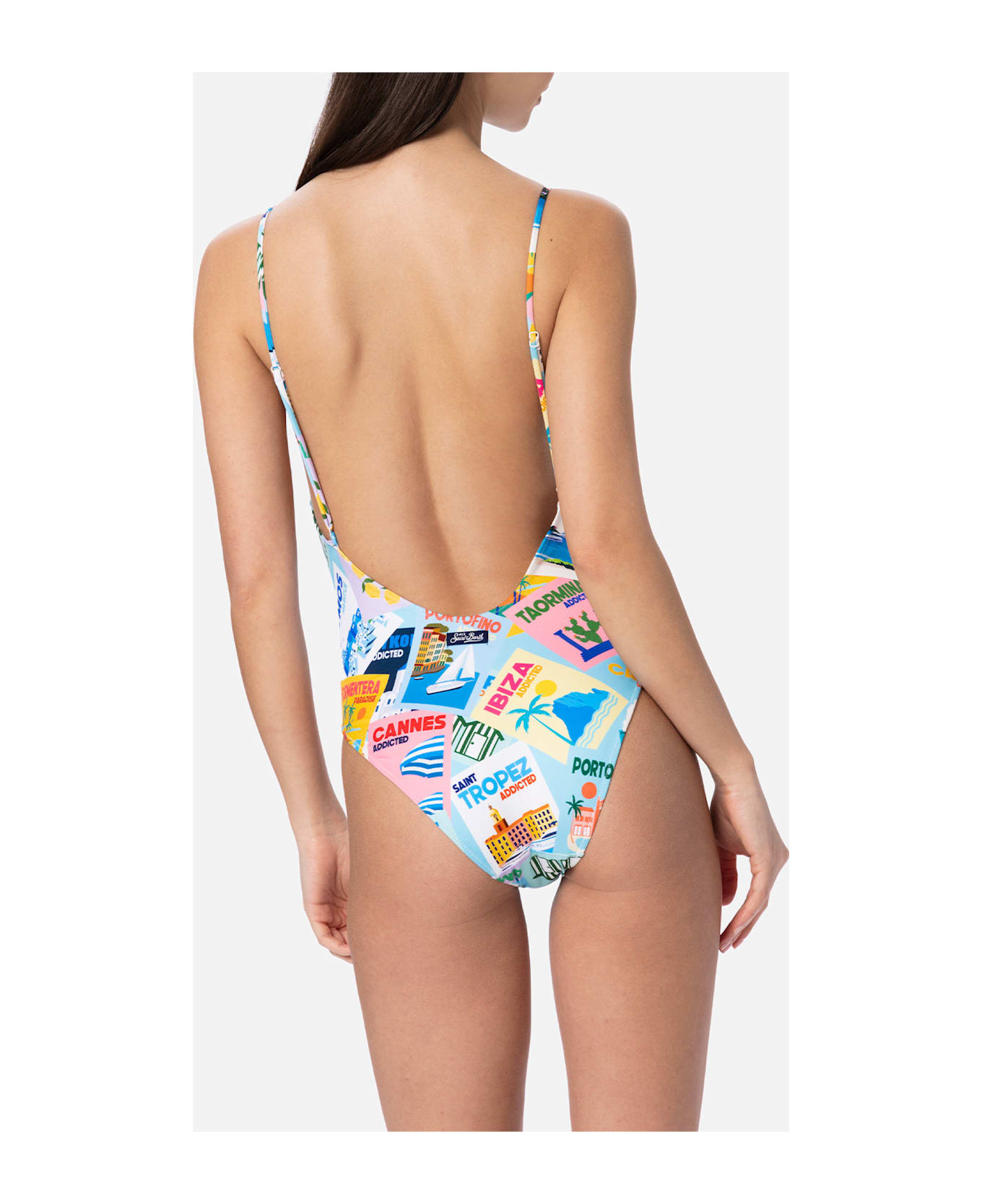 MC2 Saint Barth Woman One-piece Swimsuit Cecille With Postcards Print - BLUE