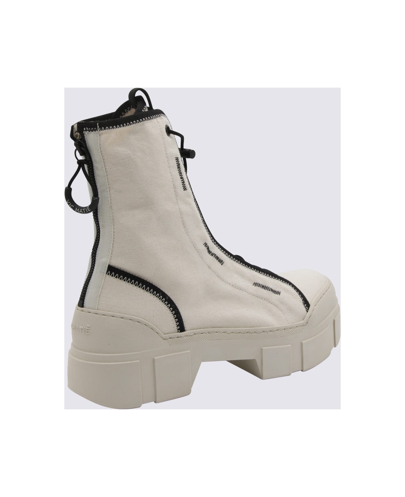Vic Matié Cream And Black Canvas Combat Boots - Ecru