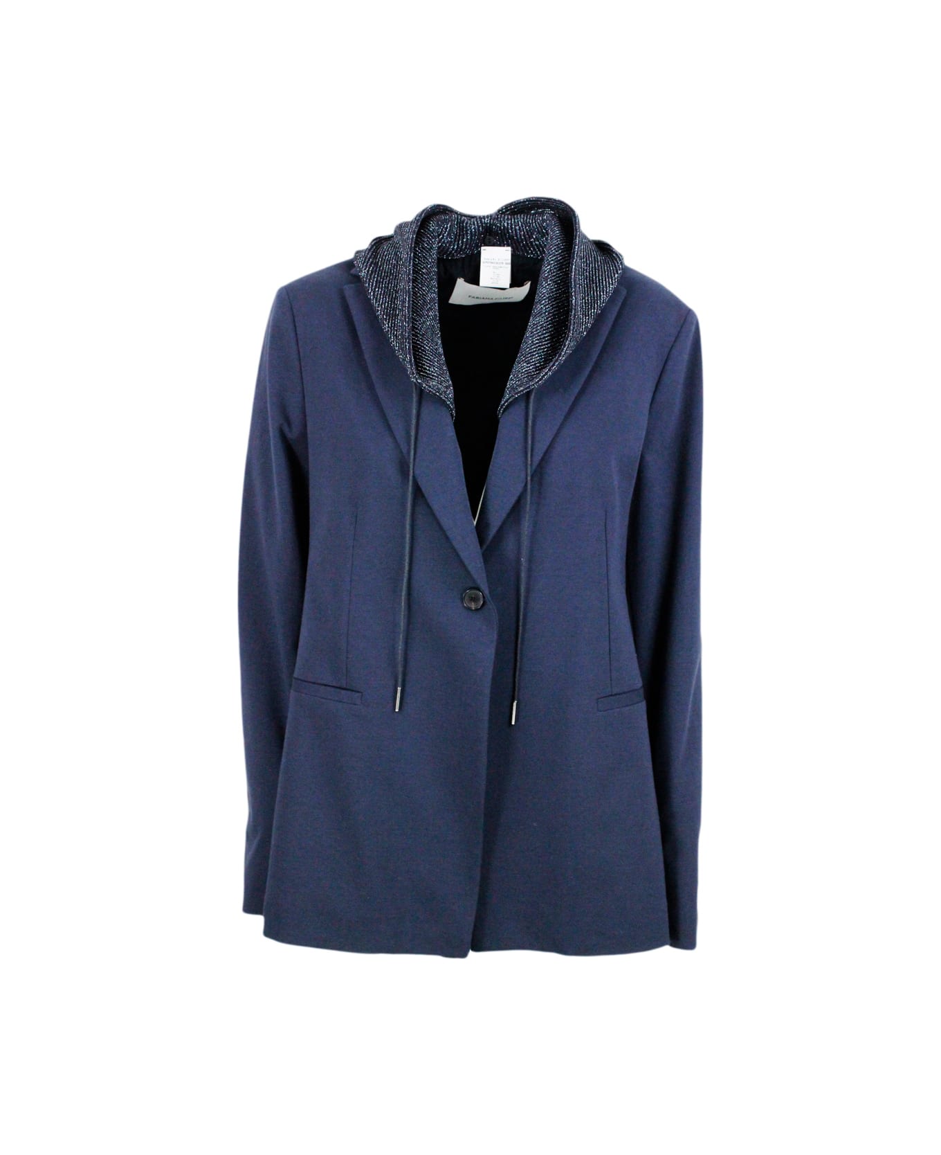 Fabiana Filippi Single-breasted Blazer Jacket In Stretch Cotton Jersey With Long Sleeves And Removable Hood Embellished With Lurex - Blu