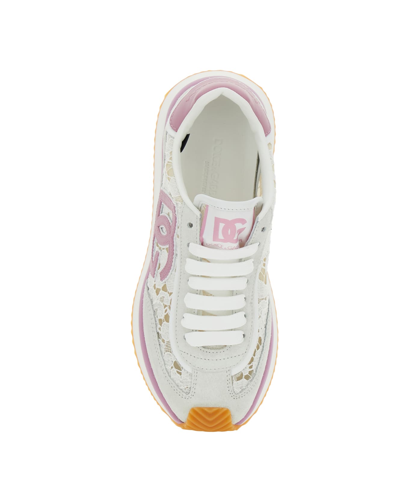 Dolce 
Gabbana White Low Top With Lace Details And Dg Patch On The Side In Fabric And Suede Blend Woman - White