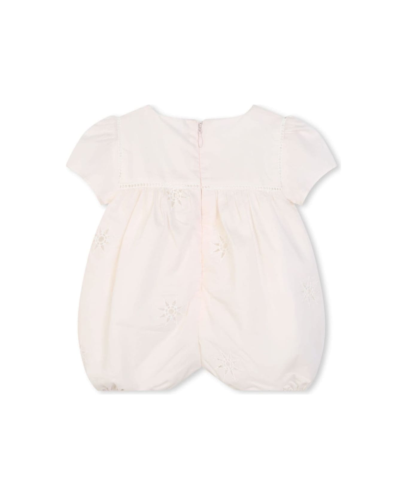 Chloé White Embroidered Romper In Cotton Baby - Orange