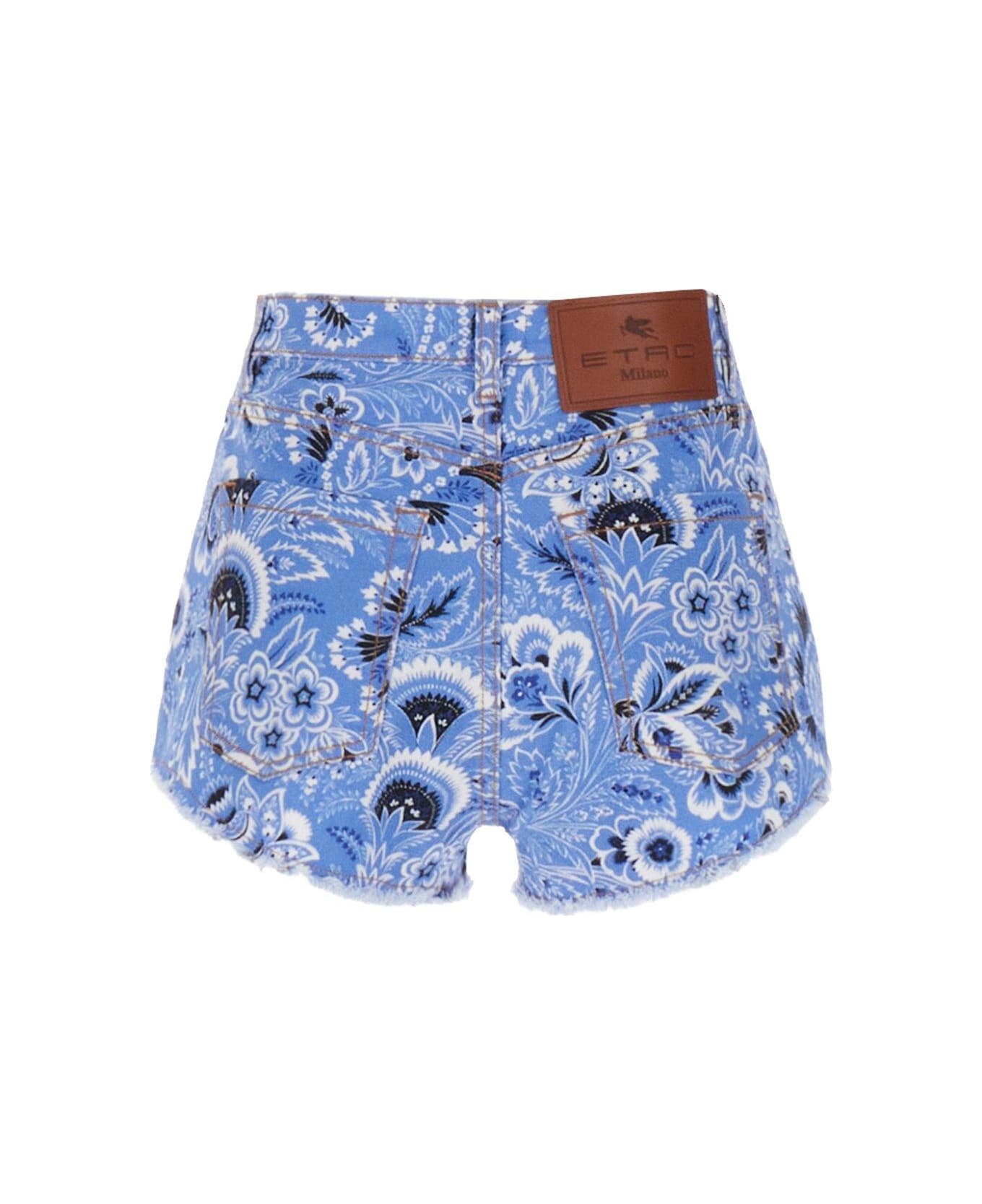 Etro Bandana-print Frayed Denim Shorts - Blue ショートパンツ
