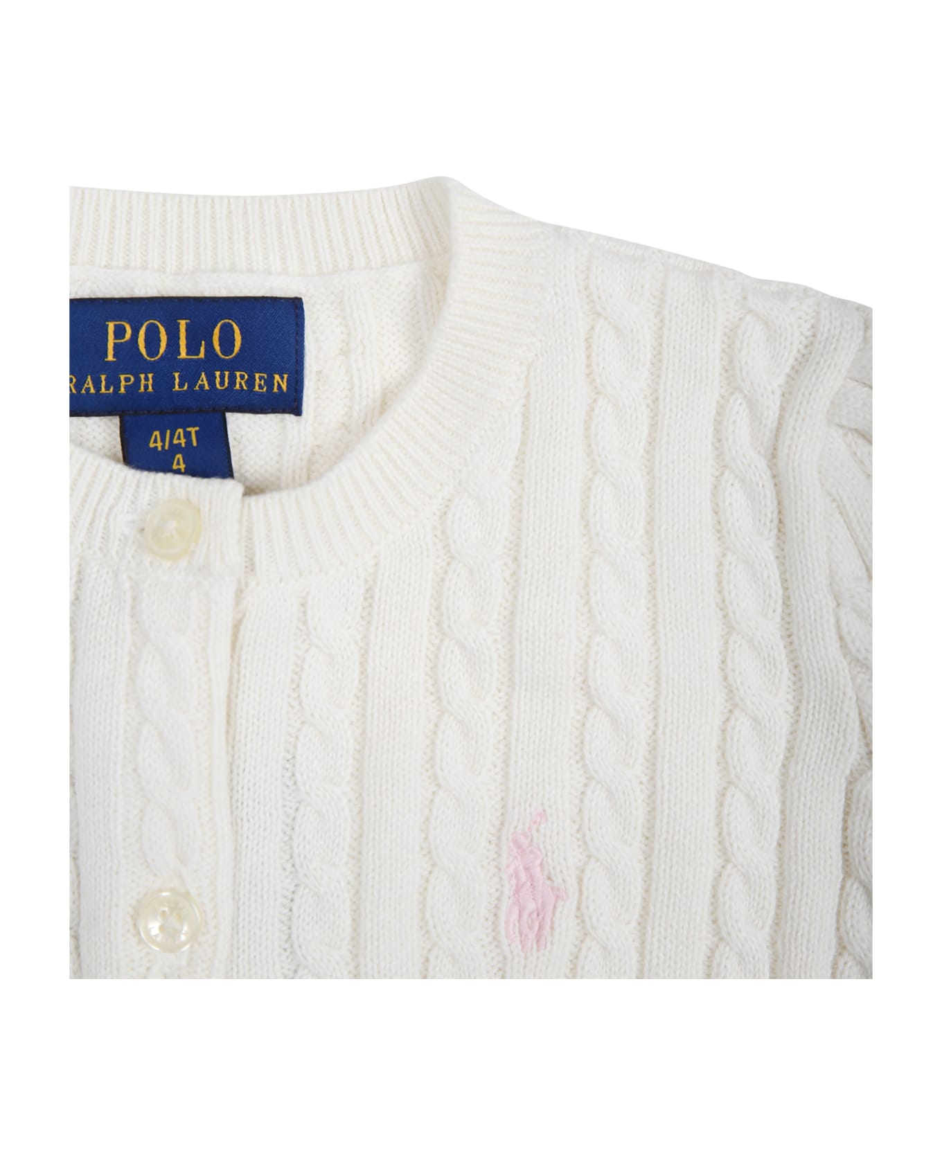 Ralph Lauren White Cardigan For Girl With Pink Pony - White