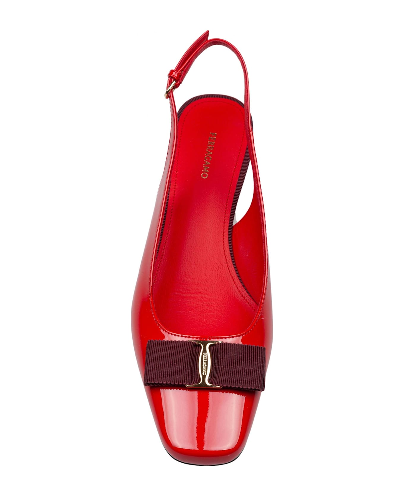 Ferragamo Slingback Rivalda In Patent Leather Burgundy Color - Flame Red 