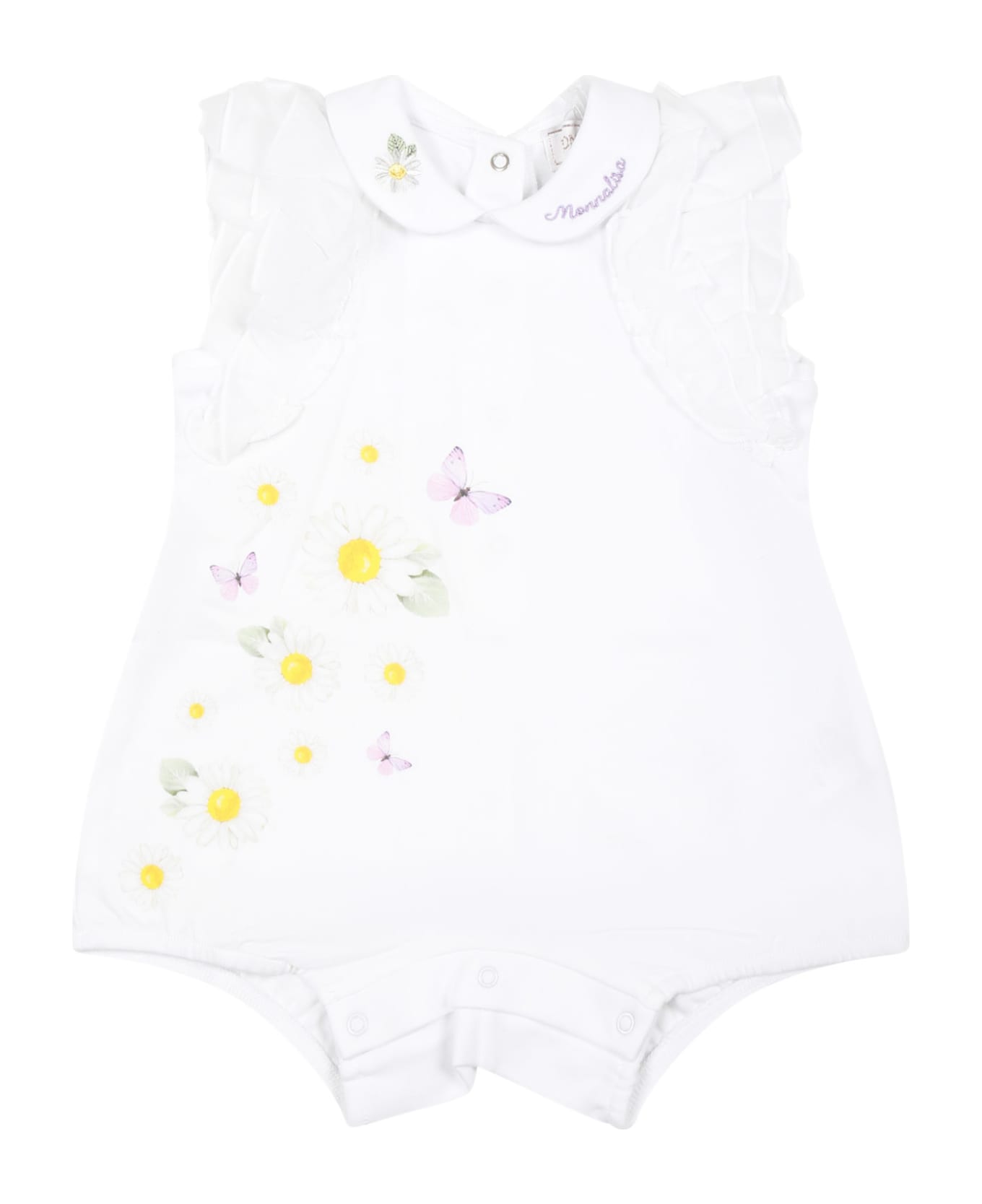 Monnalisa White Romper For Baby Girl With Daisy Print - White