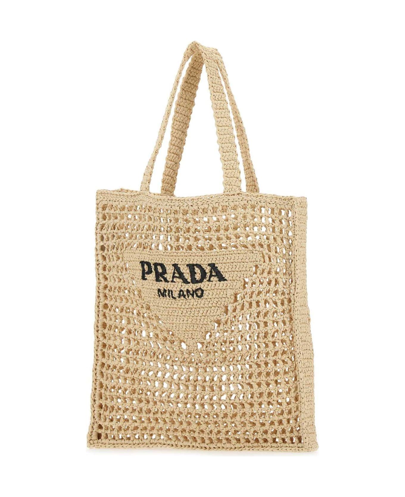Prada Logo Embroidered Woven Tote Bag - NATURALE