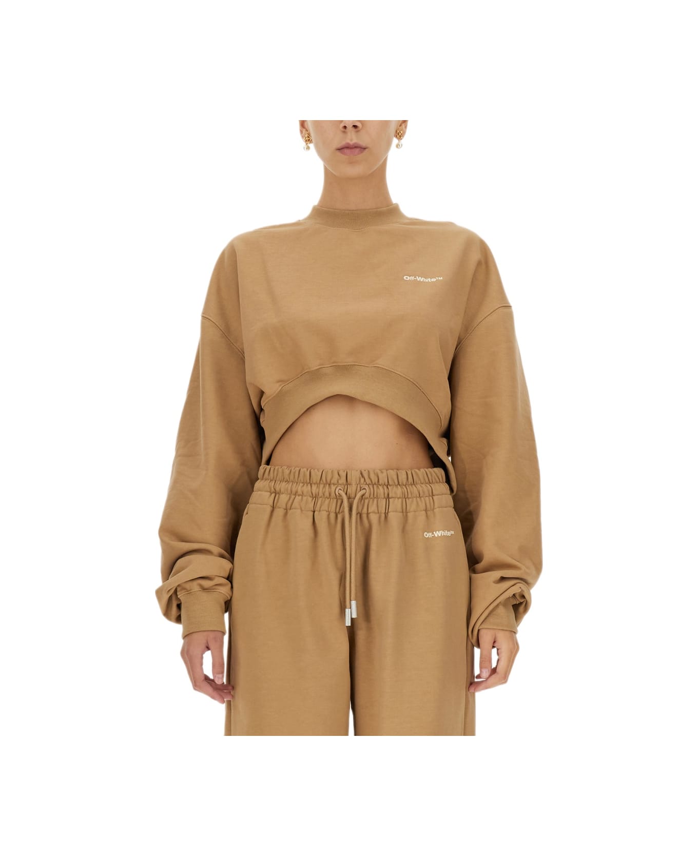 Off-White Cropped Sweatshirt With Logo - BROWN