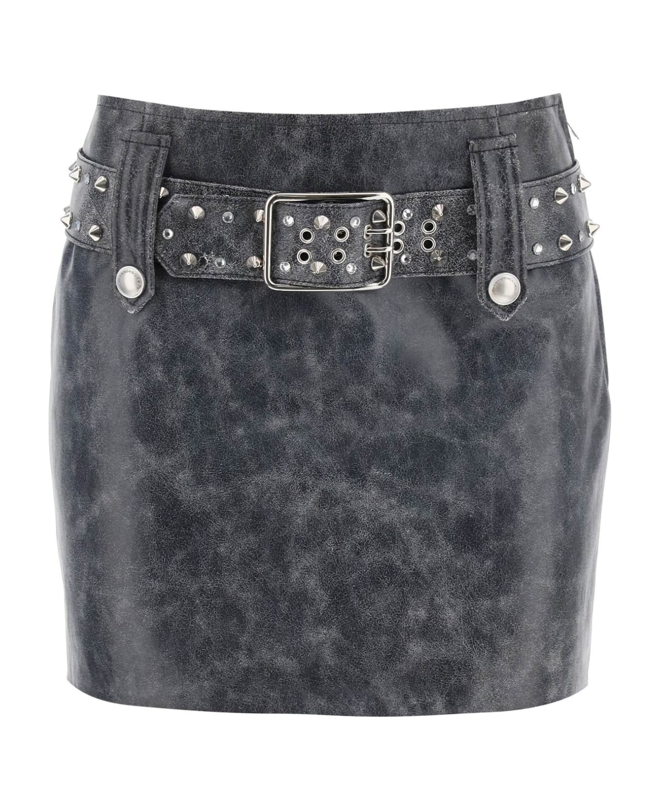 Alessandra Rich Leather Mini Skirt With Belt And Appliques - DARK GREY (Grey)