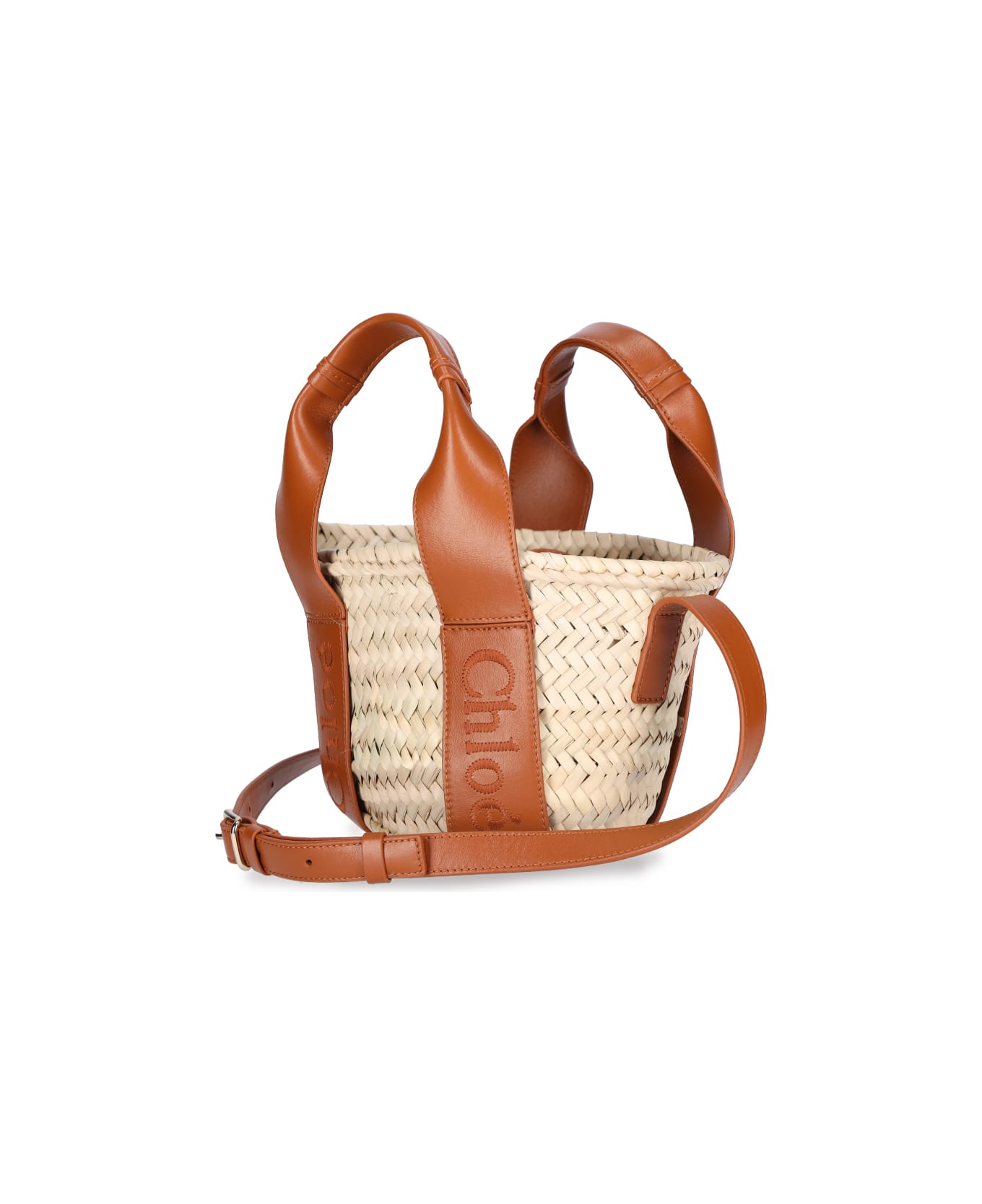 Chloé Sense Small Tote Bag In Nat Raffia And Brown Leather - Brown