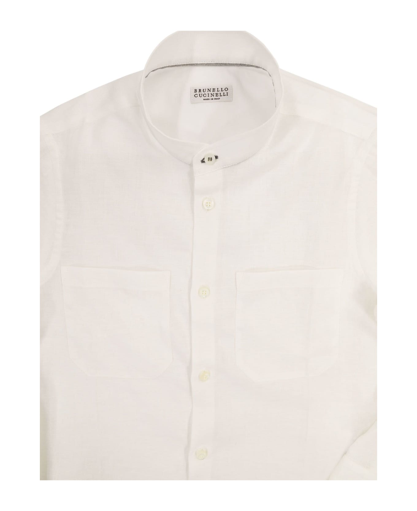 Brunello Cucinelli Linen Shirt With Mandarin Collar And Pockets - White