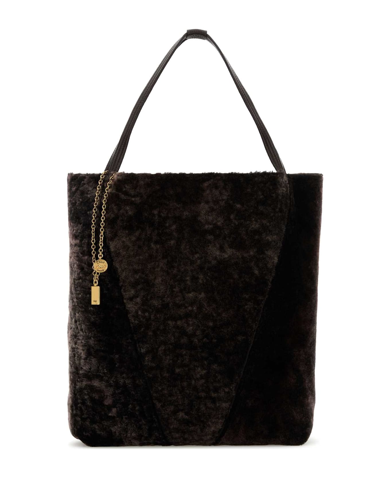 Chloé Dark Brown Shearling Large Chloã¨ Spin Shopping Bag - KOHLBROWN
