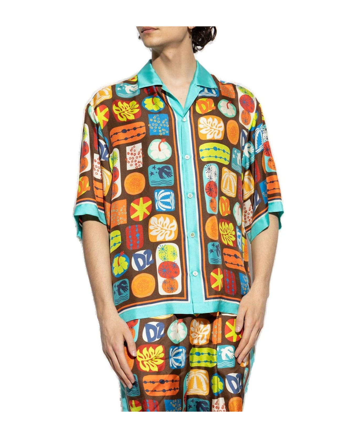 Dsquared2 Summer Lovers Drop Shoulder Bowling Shirt - BROWN/BLUE