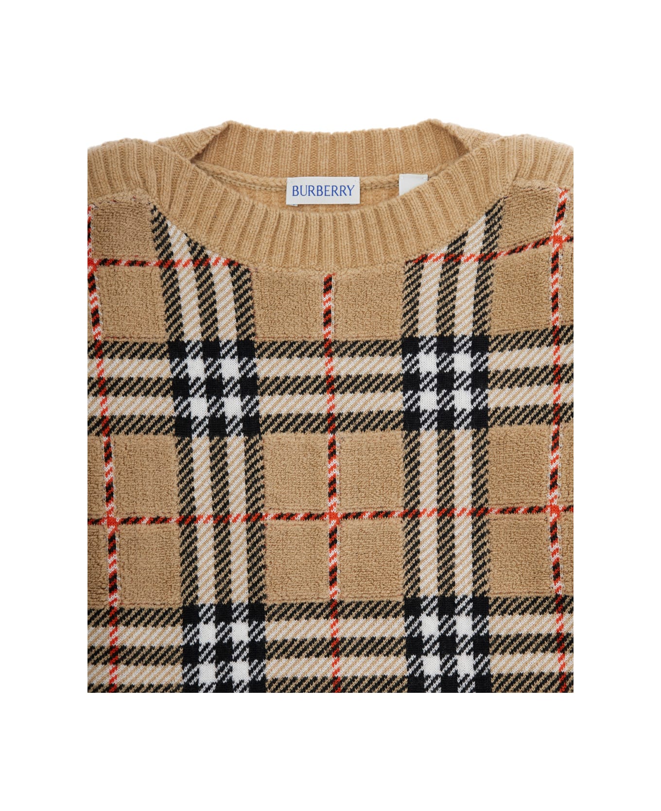 Burberry Beige Jumper With Check Pattern On The Front In Wool Boy - Beige