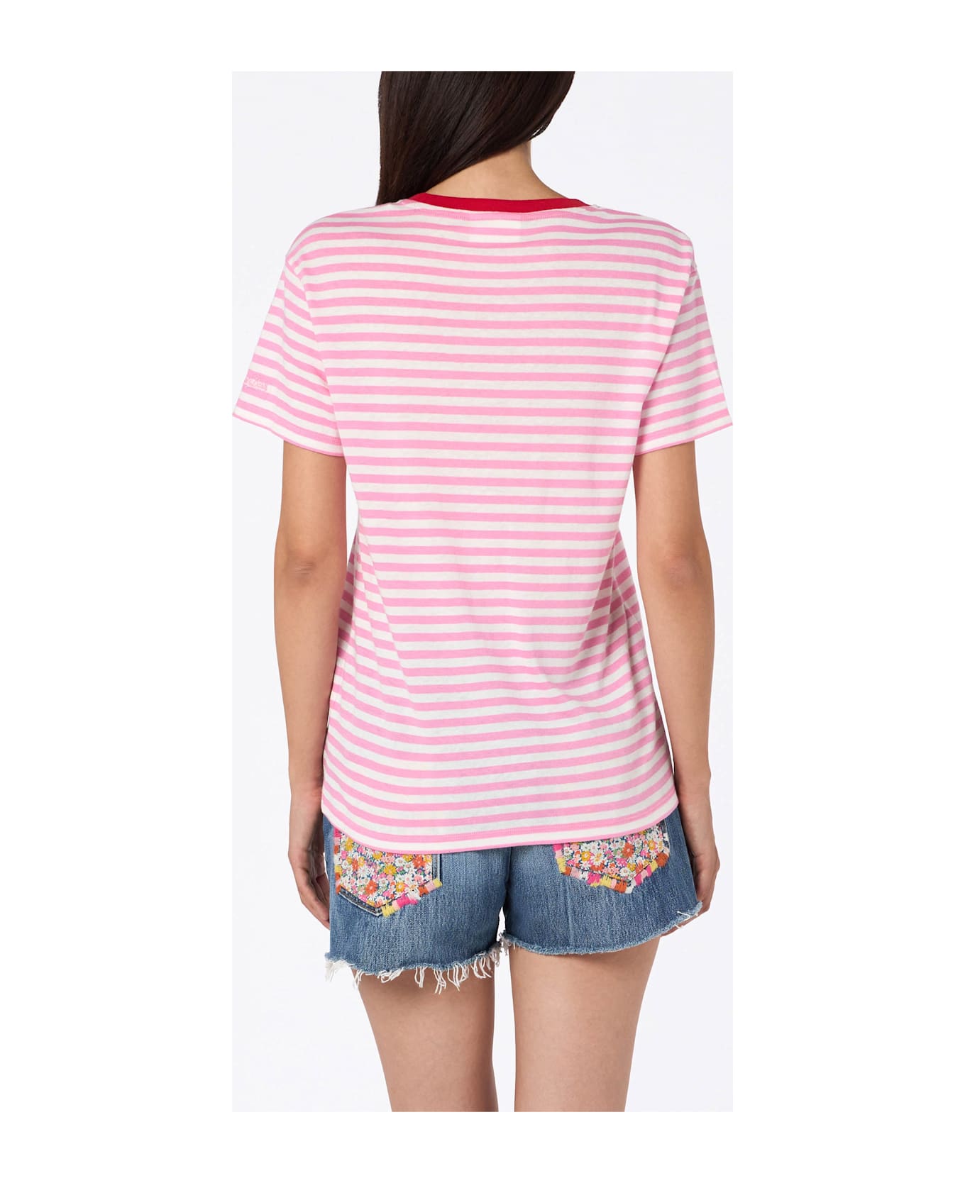 MC2 Saint Barth Woman Striped Cotton Jersey Crewneck T-shirt Emiilie With Summer Lover Embroidery - PINK