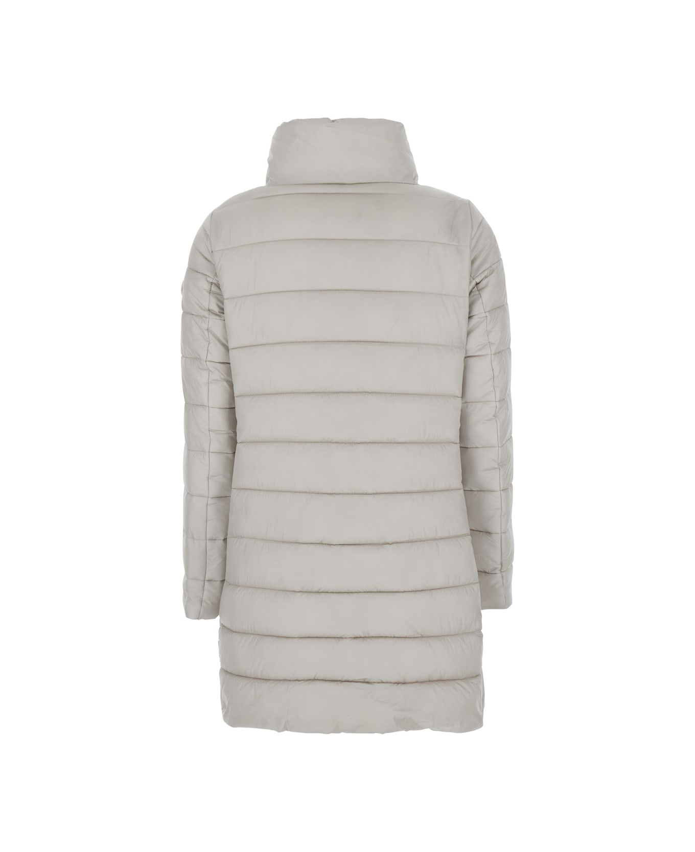 Save the Duck 
lydia
 Beige Down Jacket With High Neck And Logo Patch On The Sleeve In Tech Fabric Woman - Rainy Beige
