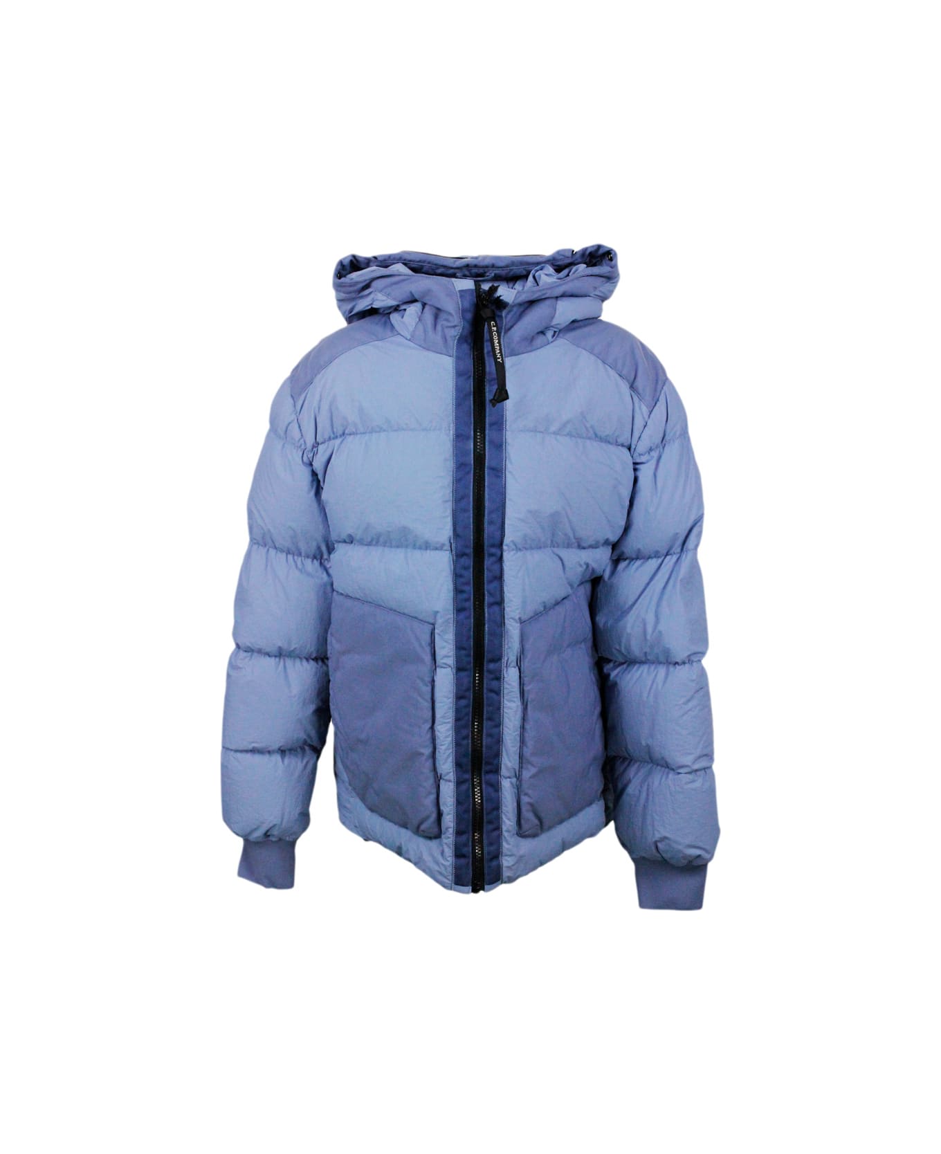 C.P. Company Down Jacket In Real Goose Down In Taylon L Fabric In Garment Dyed. Full Zip Closure, Integrated Hood, Google Hood - Blu