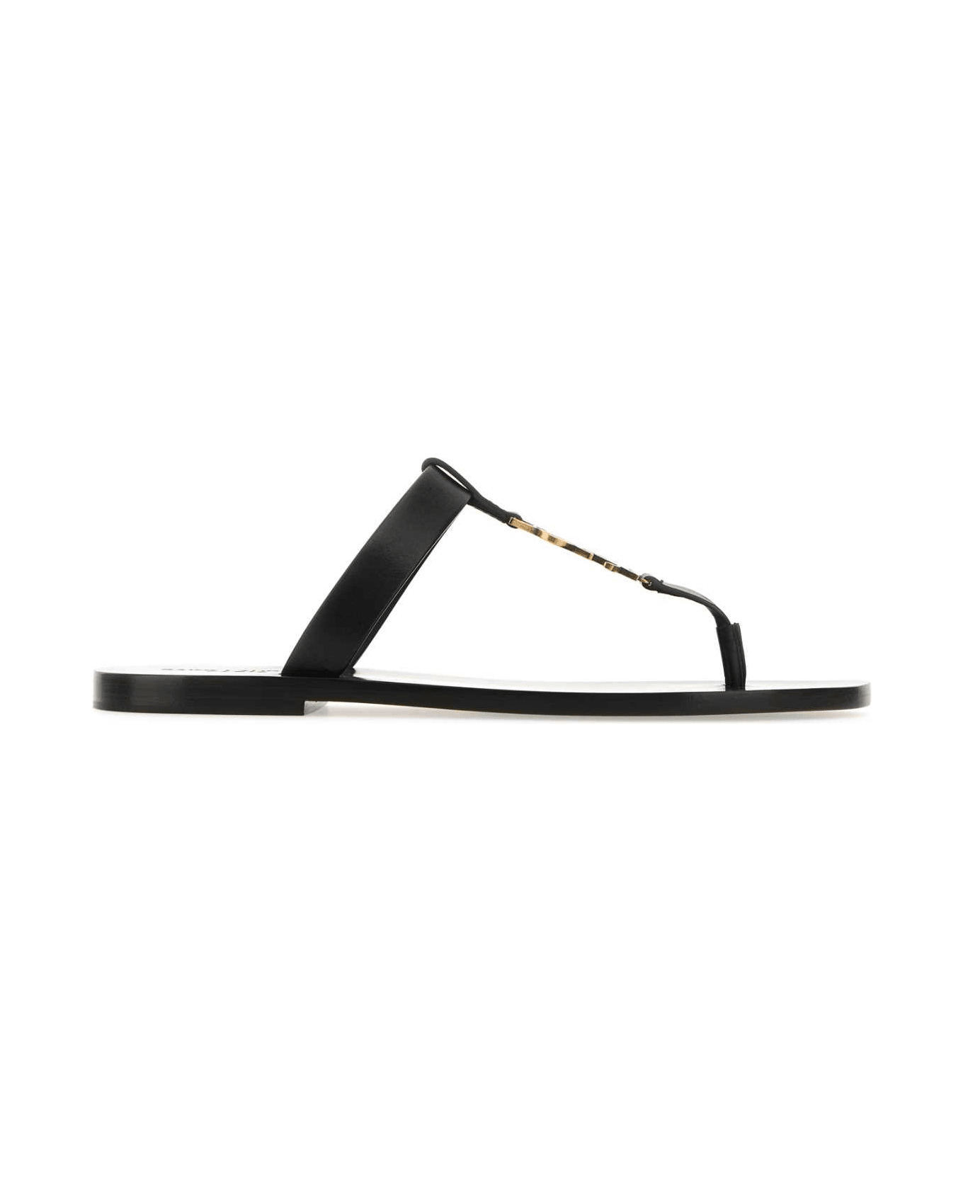 Saint Laurent Black Leather Cassandre Thong Slippers - NERO