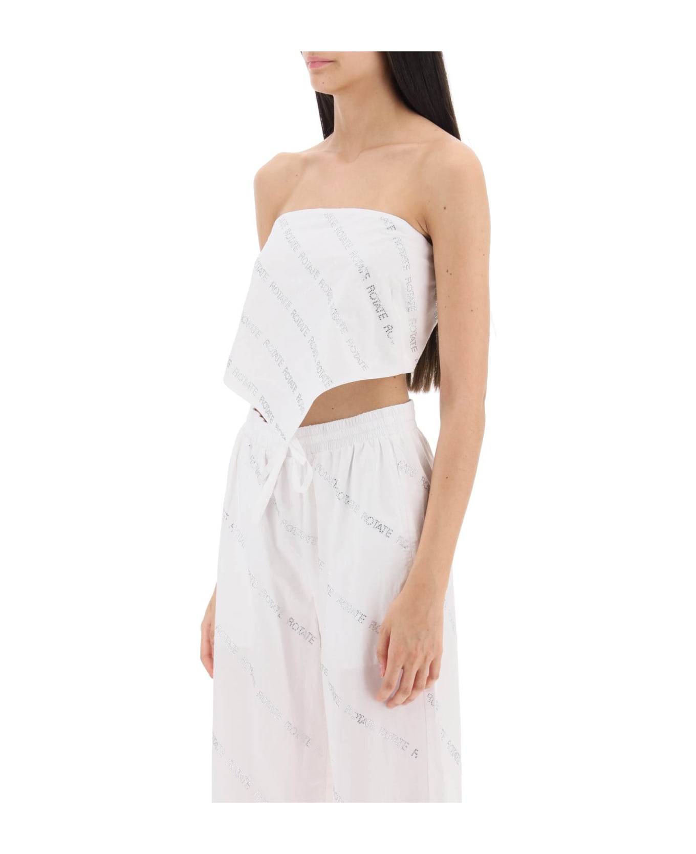 Rotate by Birger Christensen Cropped Hankerchief Top With Crystal Logo All-over - BRIGHT WHITE COMB (White)