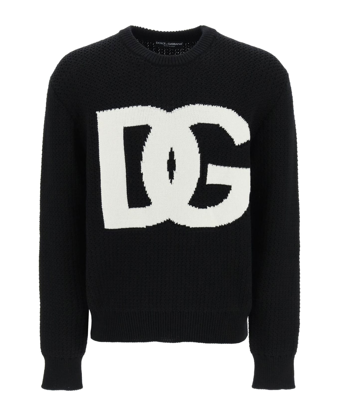 Dolce & Gabbana Crewneck Pullover With Jacquard Logo - BLUE