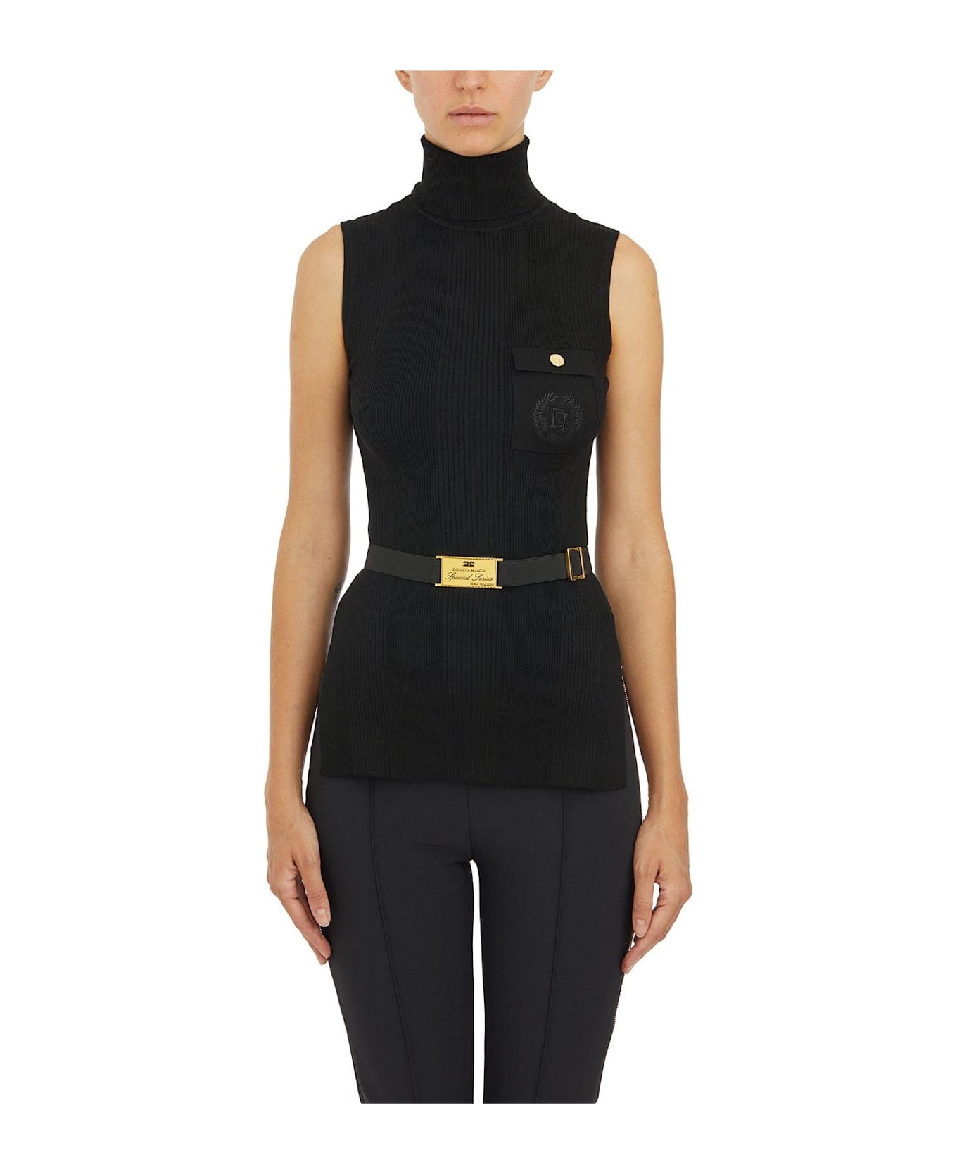 Elisabetta Franchi Logo Embroidered Narrow-ribbed Turtleneck Top - Nero