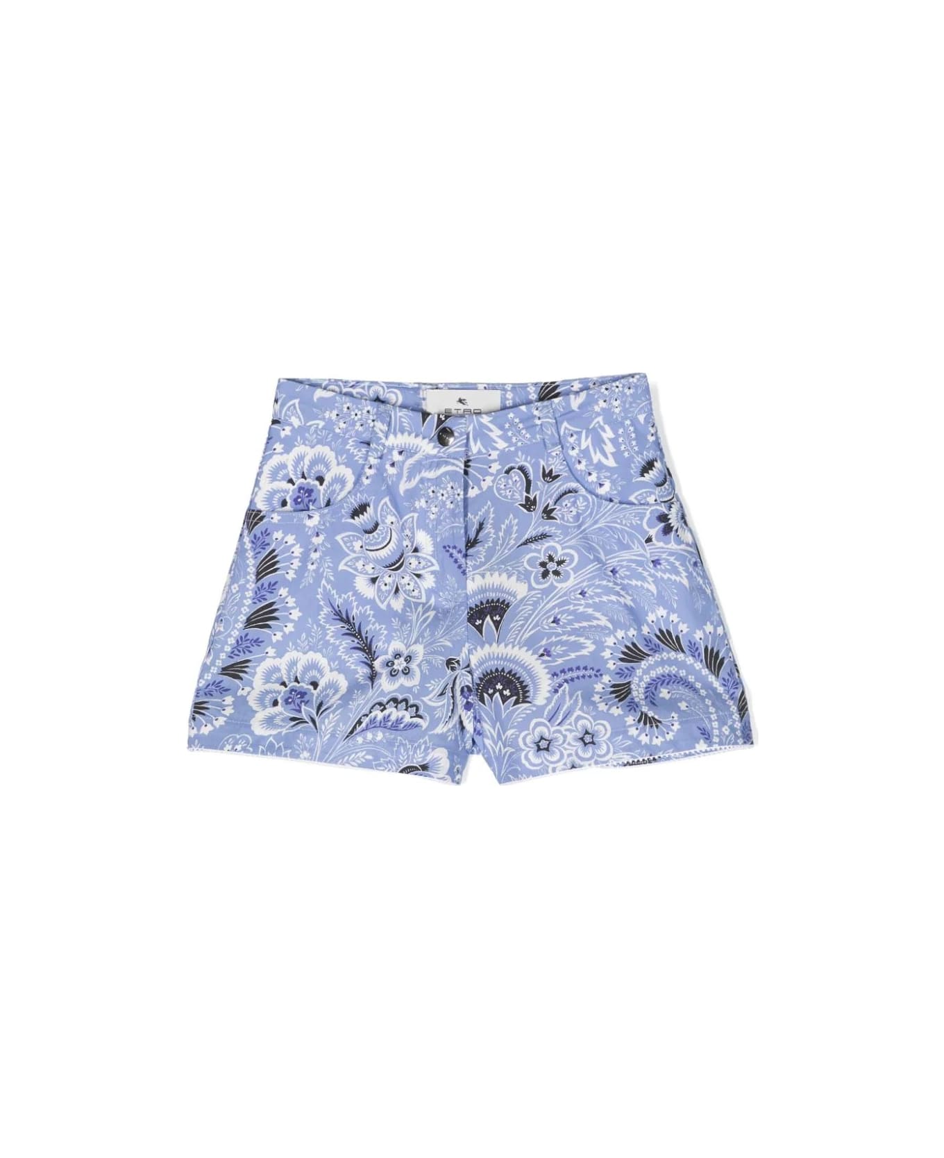 Etro Light Blue Denim Shorts With Paisley Motif - Blue