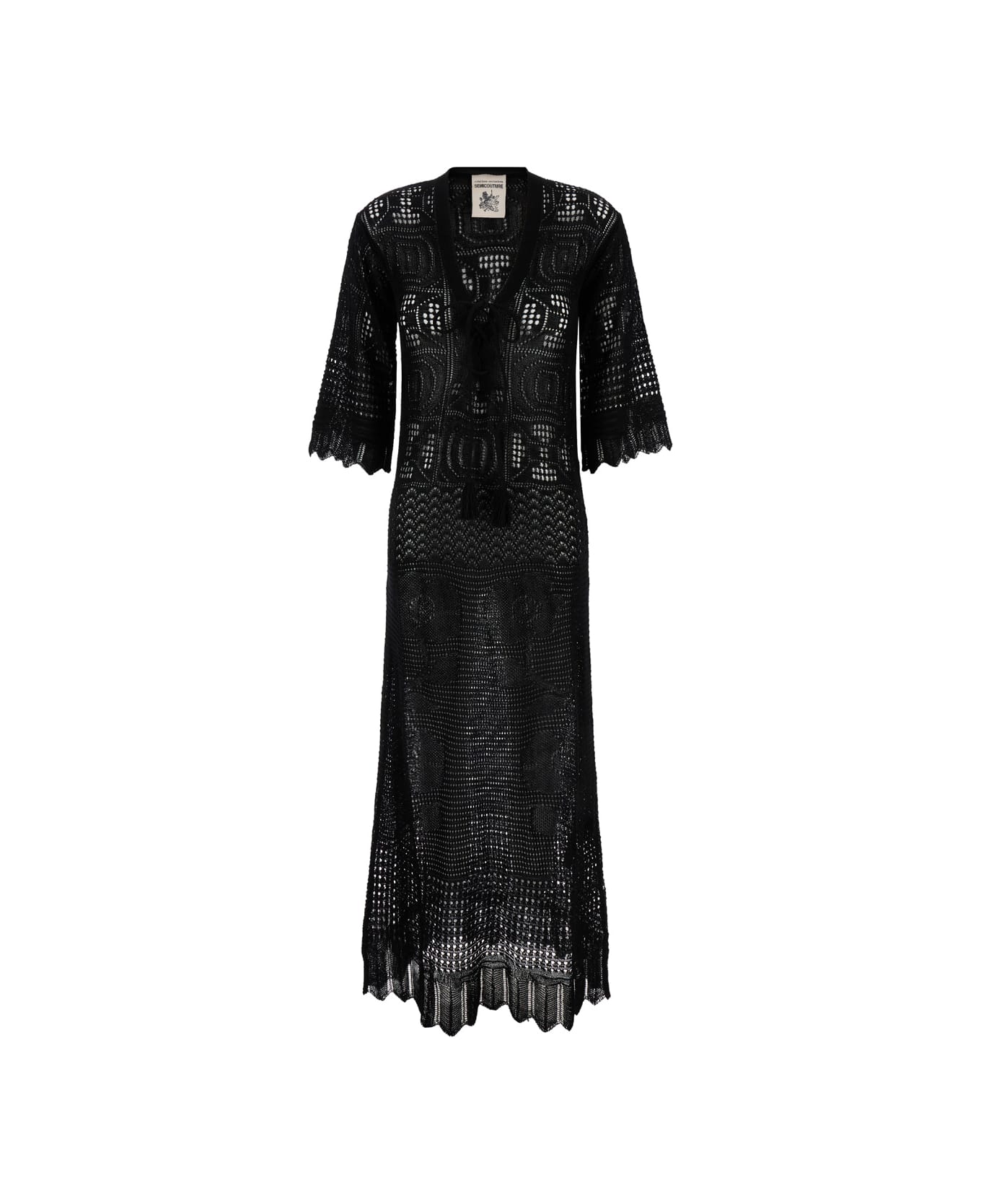 SEMICOUTURE Long Black Dress With Lace-up Closure In Cotton Lace Woman - Black ワンピース＆ドレス