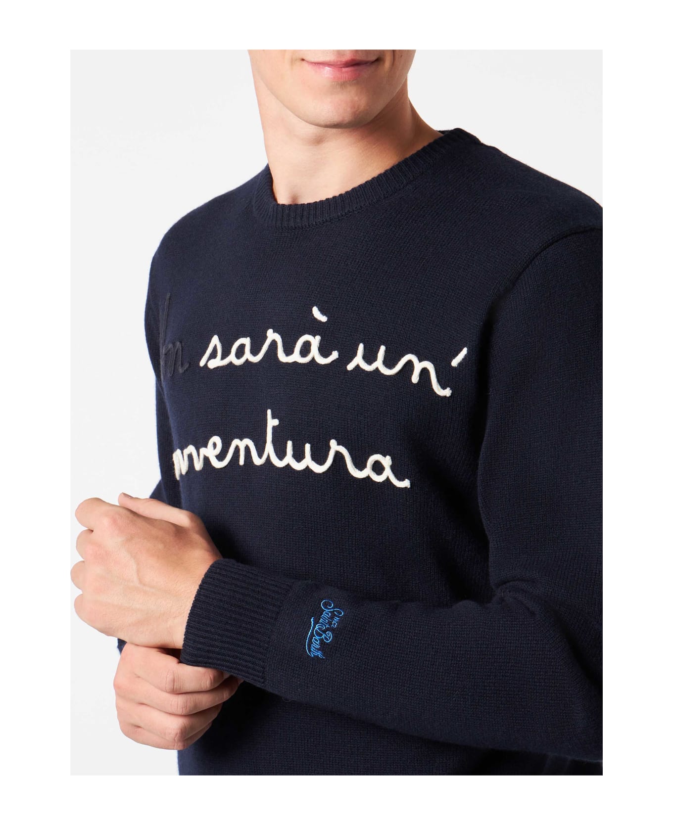 MC2 Saint Barth Man Crewneck Sweater With Non Sarà Un
avventura Embroidery | Niki Dj Special Edition - BLUE