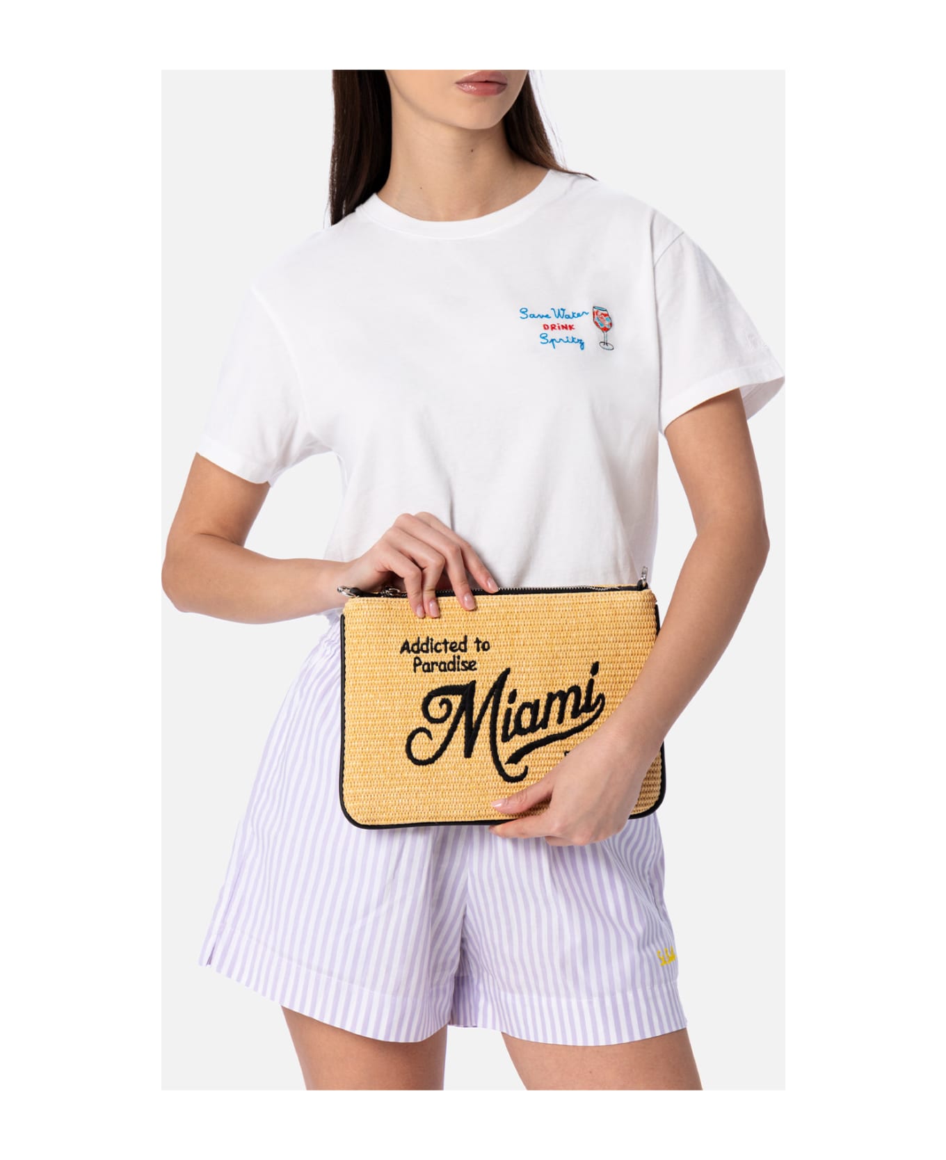 MC2 Saint Barth Parisienne Straw Pochette With Miami Embroidery - BEIGE