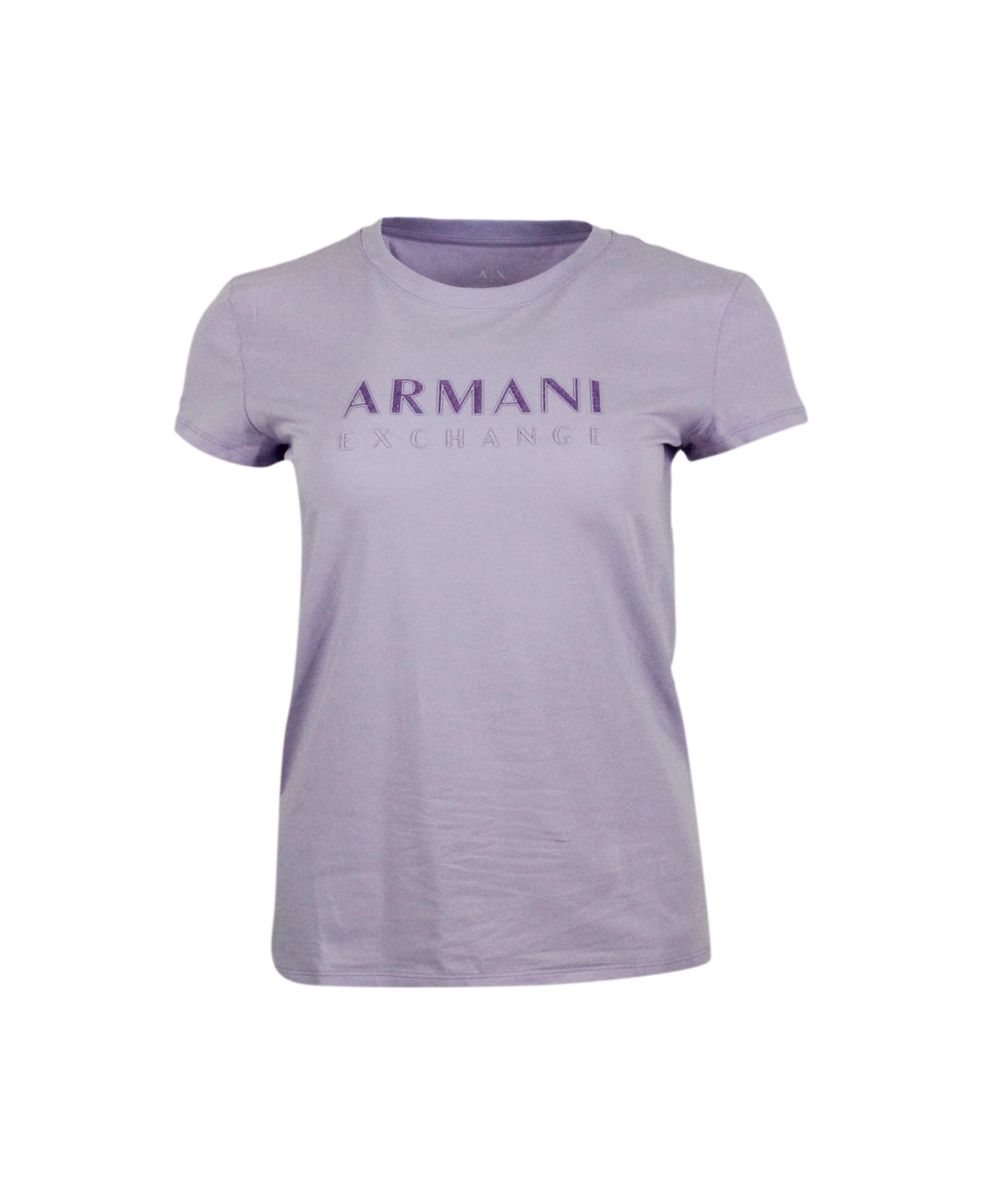 Armani Collezioni Short-sleeved Crew-neck T-shirt With Logo On The Chest In Stretch Cotton And Lurex Logo Writing - Lilac