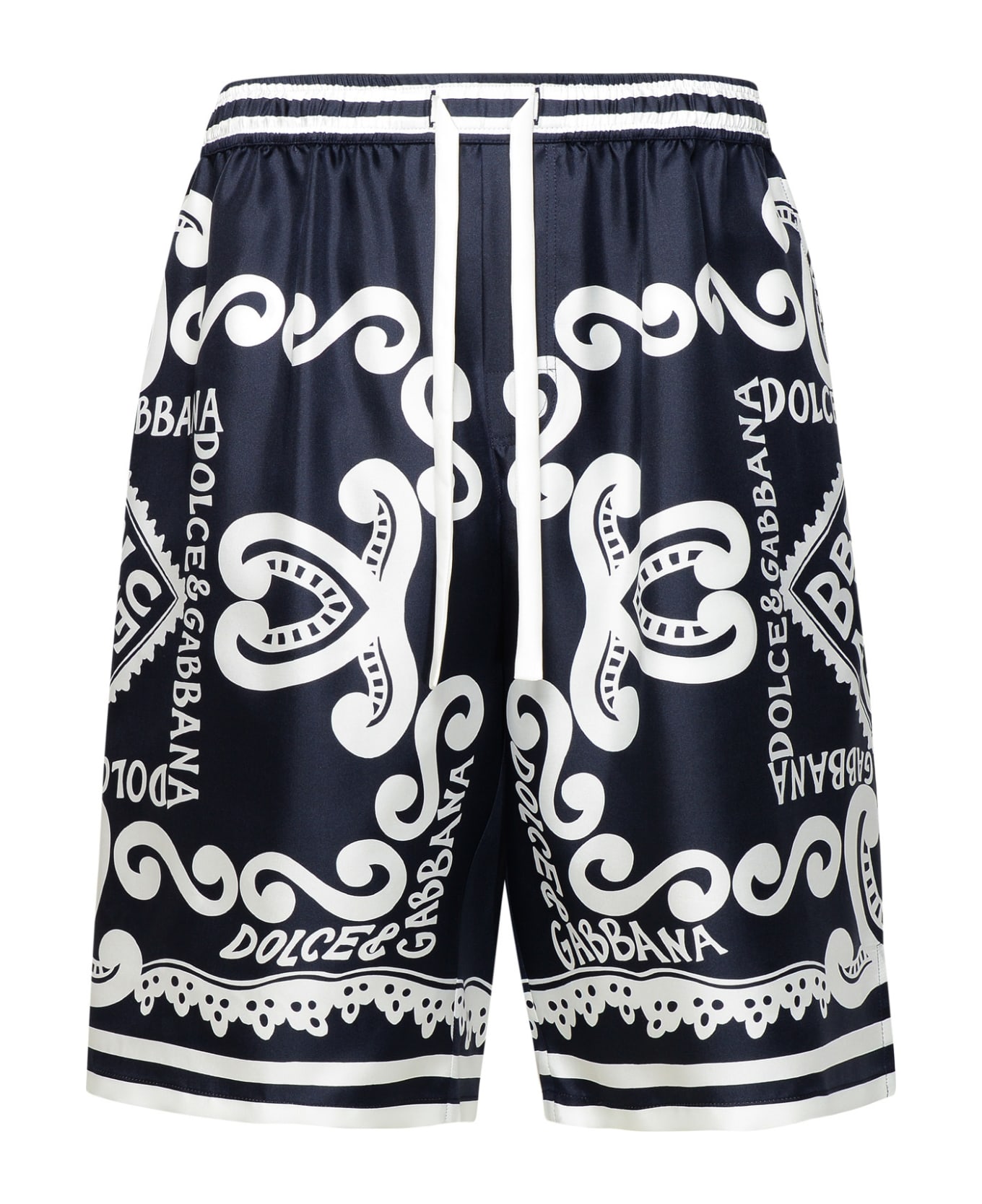 Dolce & Gabbana Bermuda Shorts Navy Silk Joggers - Blue, WHITE