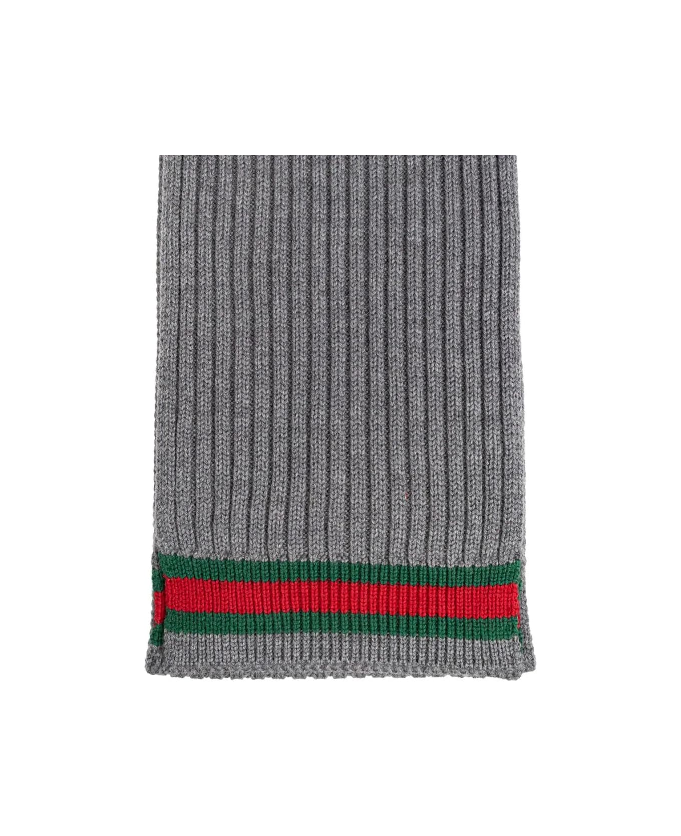 Gucci Grey Wool Scarf With Web Ribbon