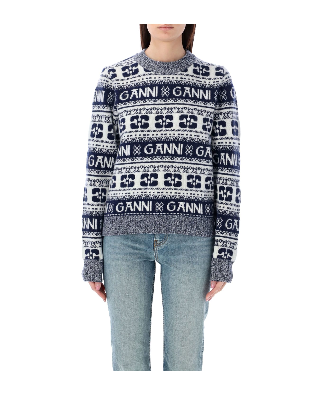 Ganni Allover Logo Sweater - SKY CAAPITAN GREY