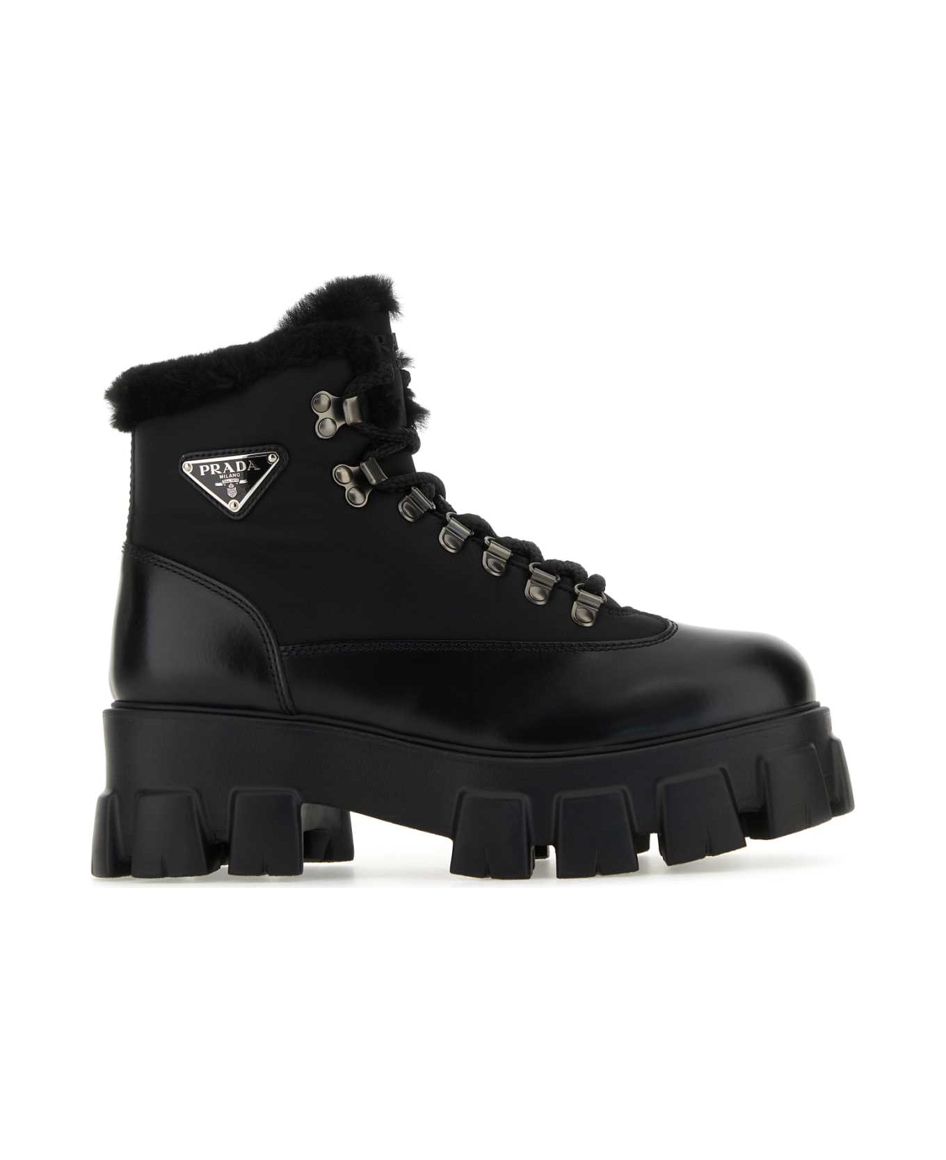 Prada Black Leather And Nylon Monolith Ankle Boots - NERO