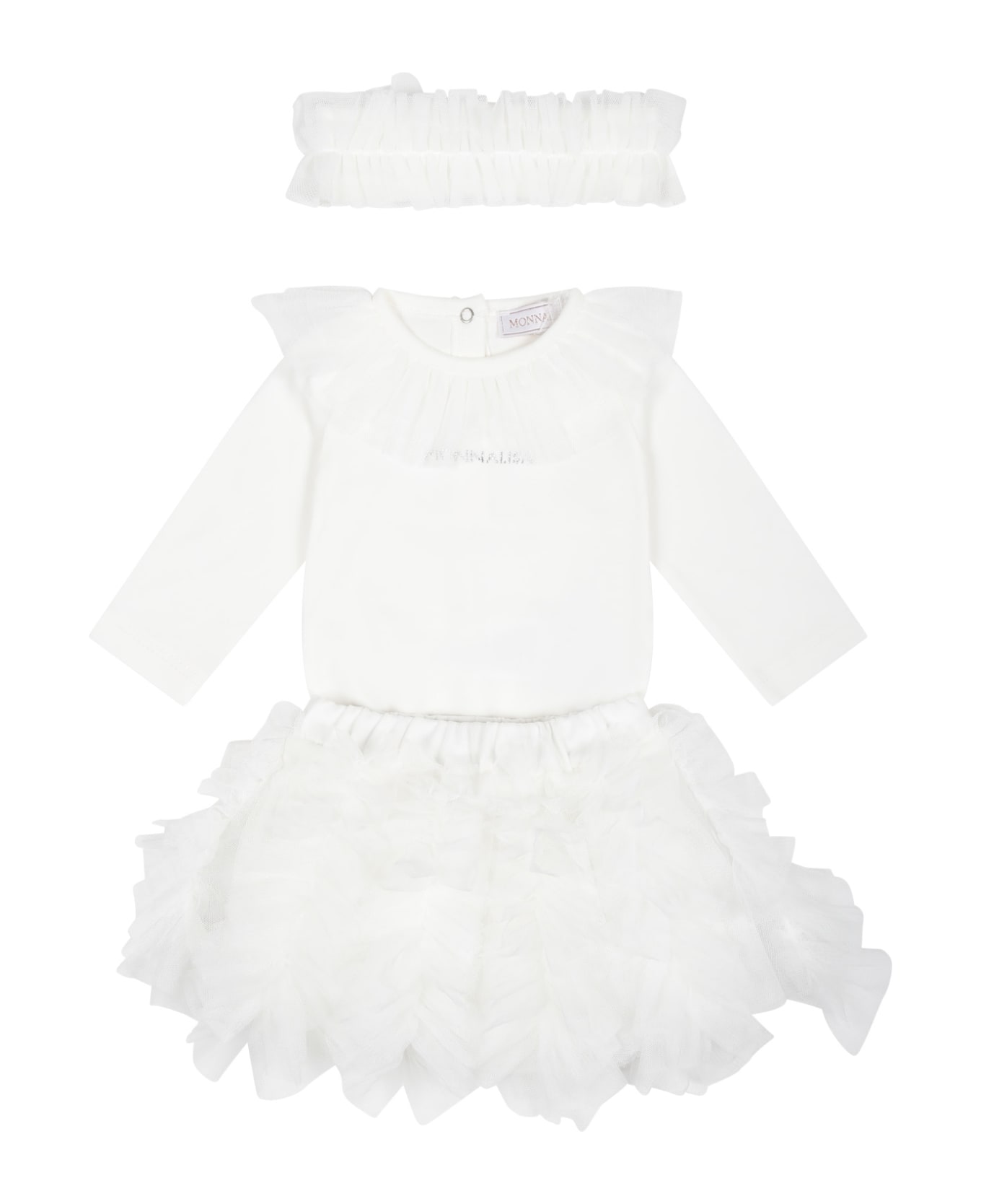 Monnalisa White Set For Baby Girl With Logo - White