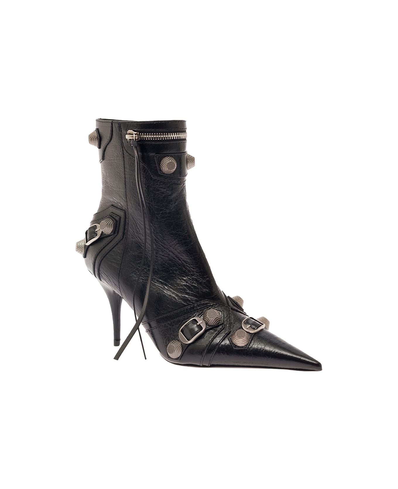 Balenciaga 'cagole' Black Pointed Bootie With Studs And Buckles In Leather Woman - Black