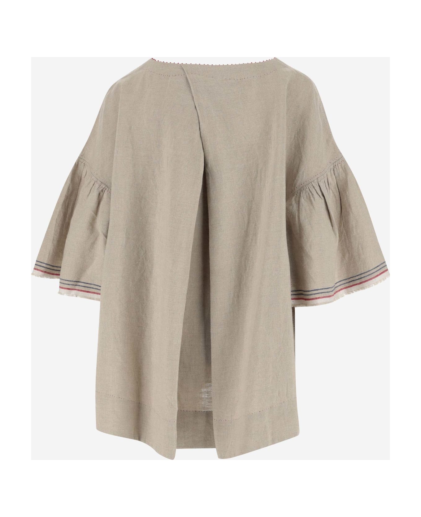 Péro Oversized Linen Blouse With Embroidery - Beige