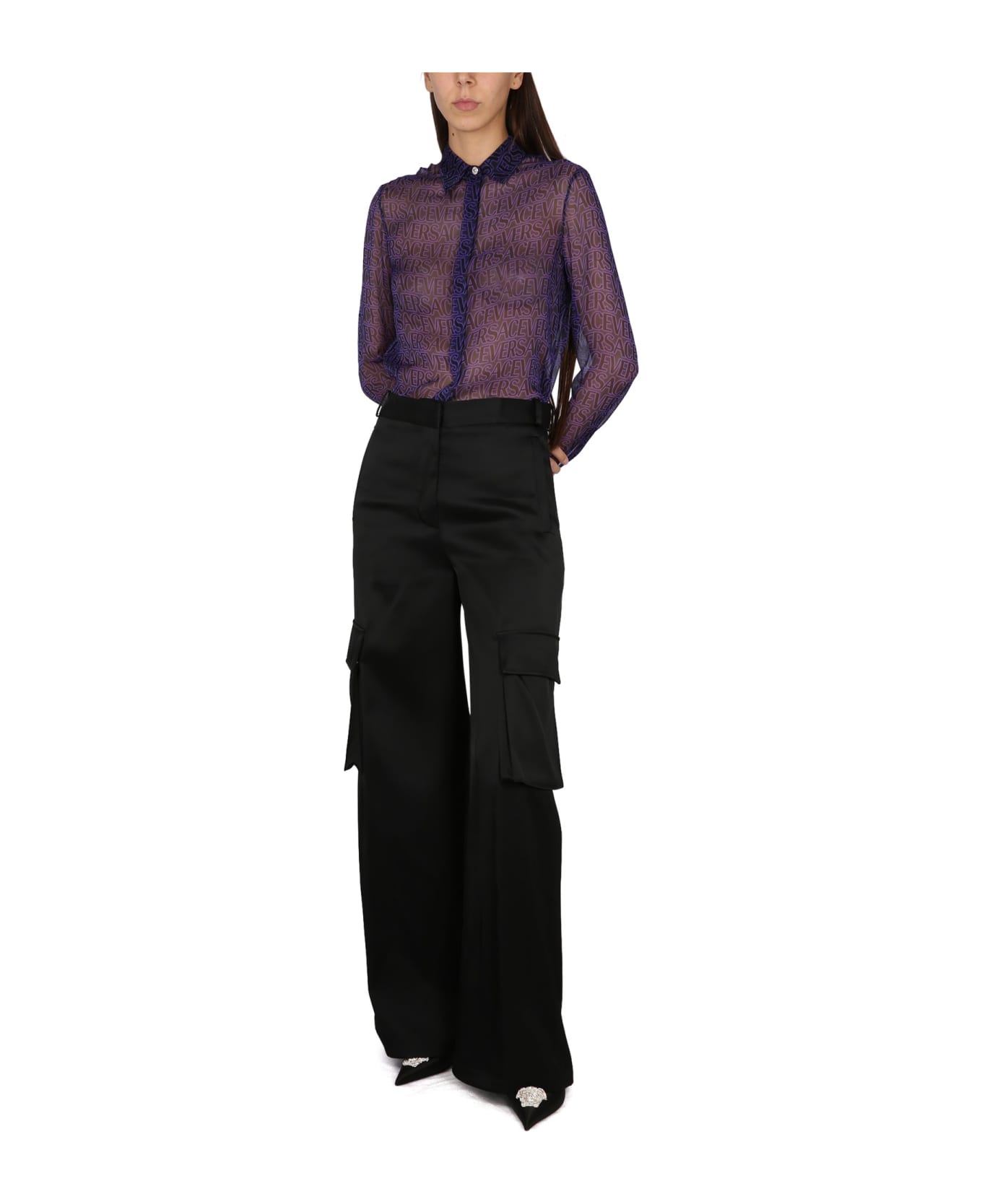 Versace Black Cargo Pants Satn Effect With Cargo Pockets In Viscose Woman - BLACK ボトムス